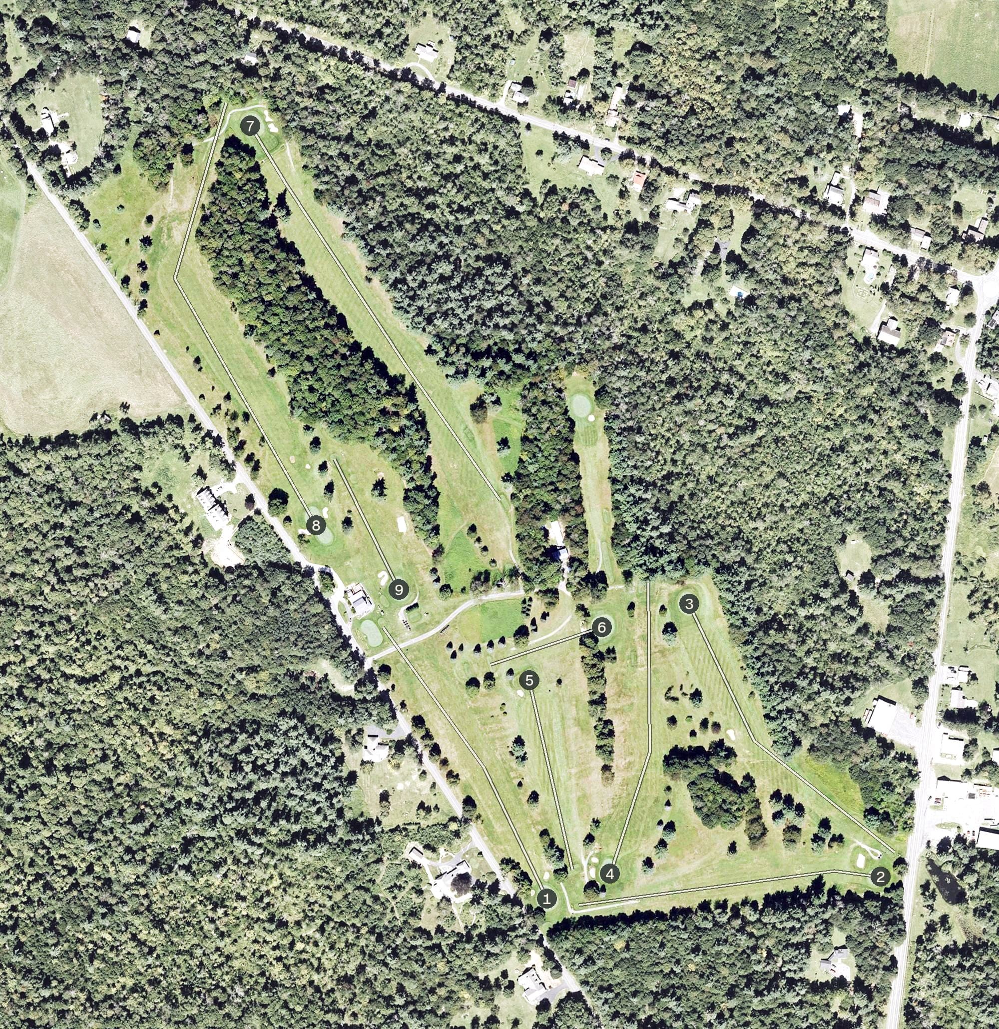 Aerial view of Worthington Golf Club, MA, with its hole routing marked