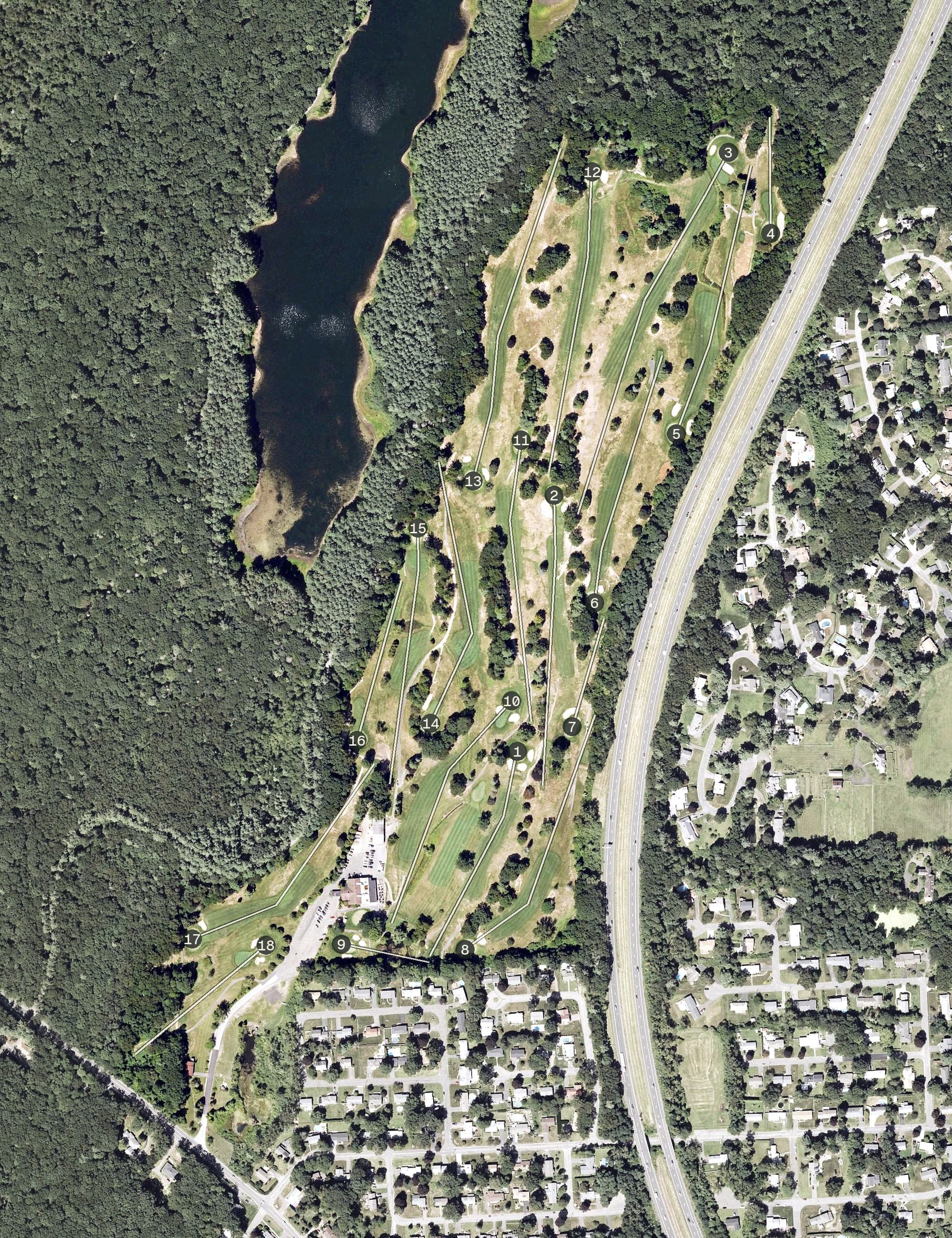 Aerial view of Wyckoff Country Club, MA, with its hole routing marked