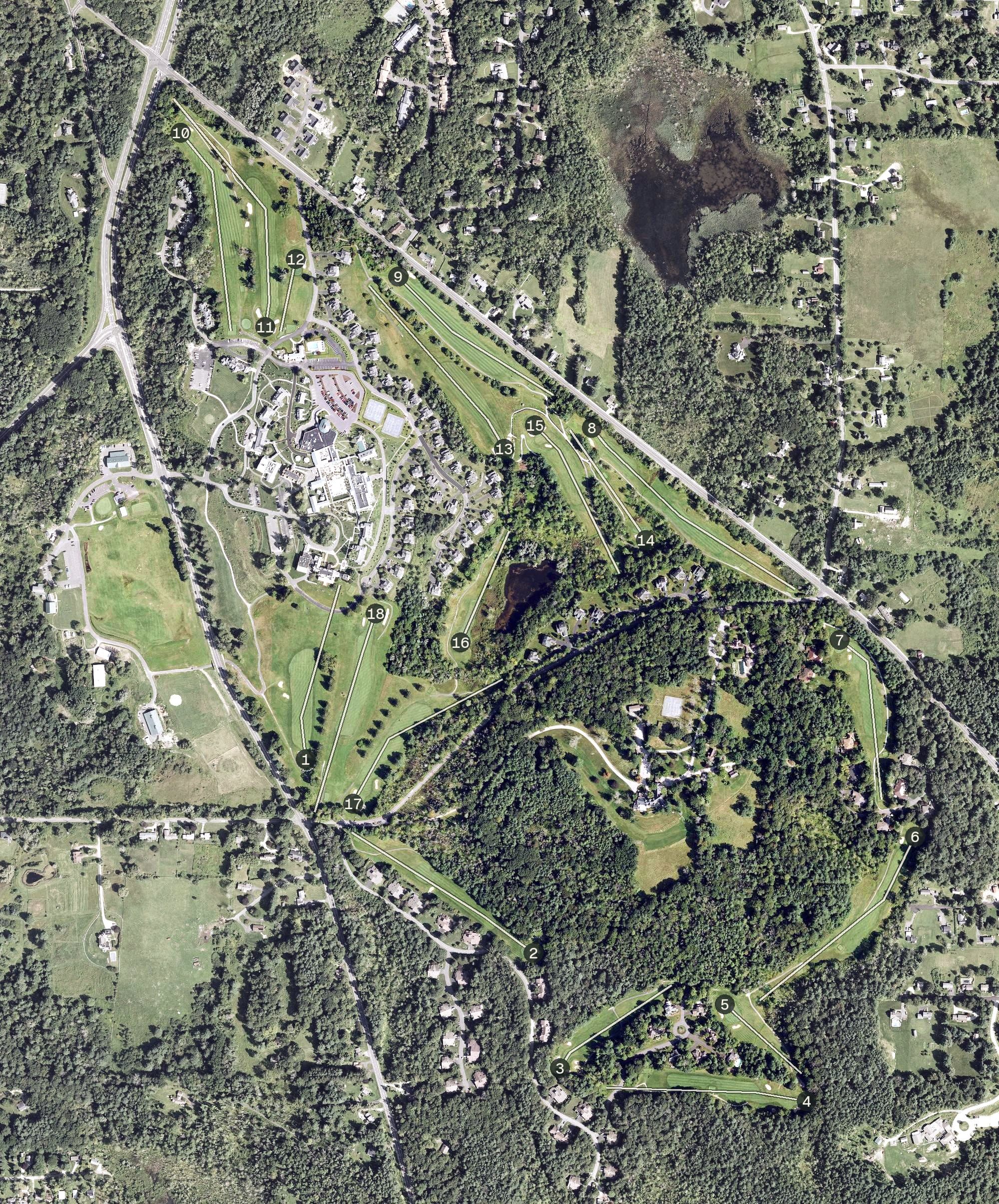 Aerial view of Wyndhurst Golf and Club, MA, with its hole routing marked