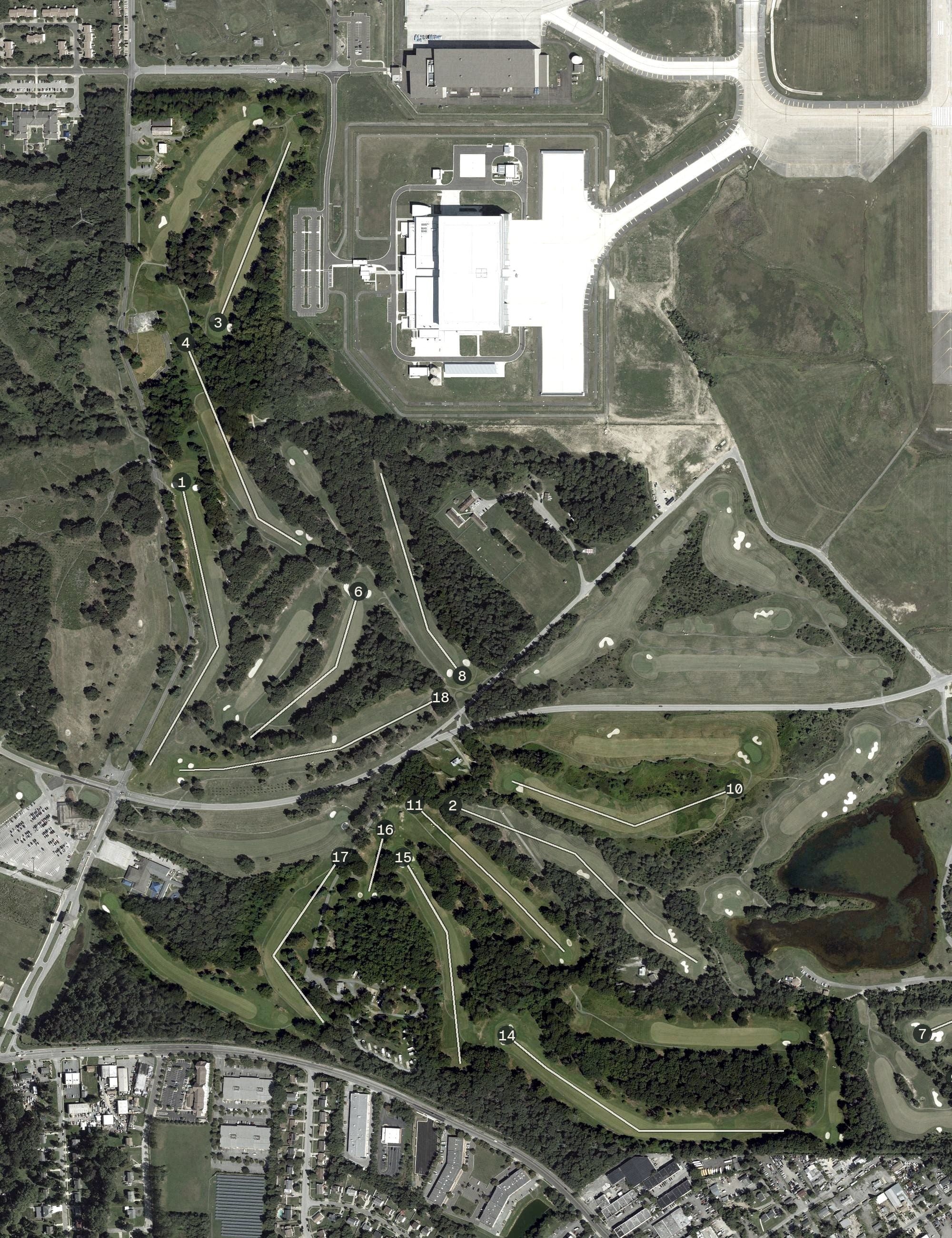 Aerial view of Andrews East Course, MD, with its hole routing marked