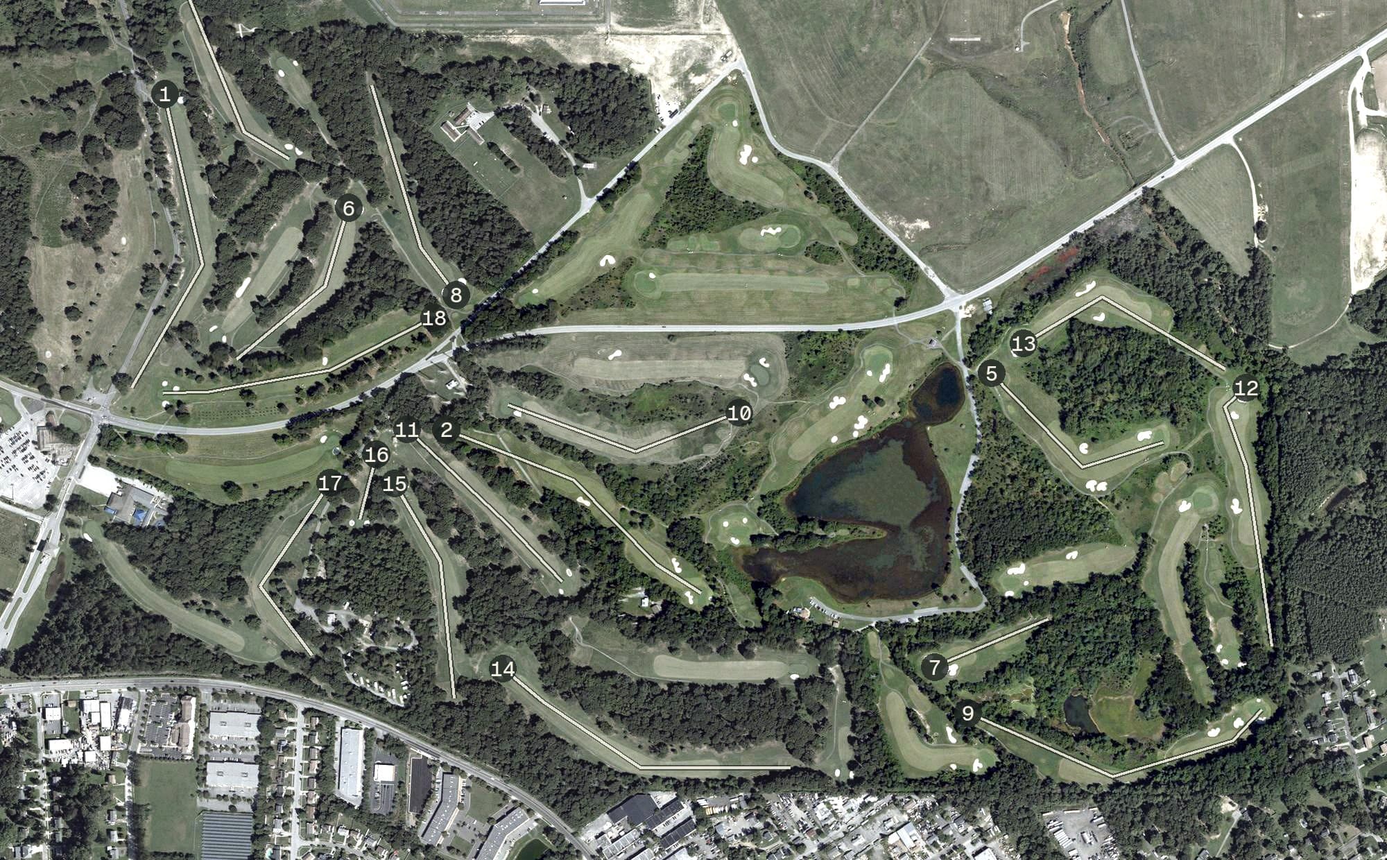 Aerial view of Andrews South Course, MD, with its hole routing marked