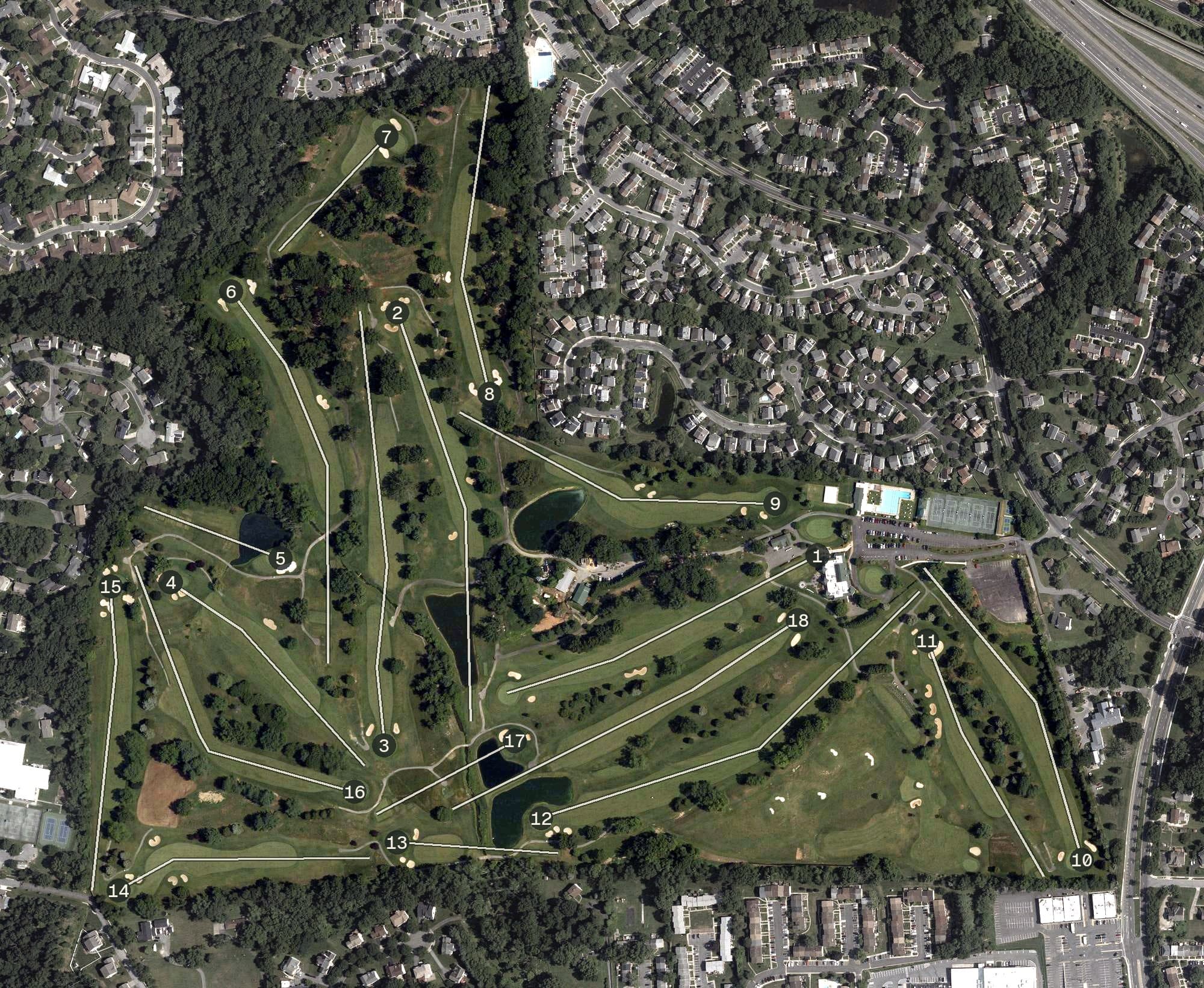 Aerial view of Argyle Country Club, MD, with its hole routing marked