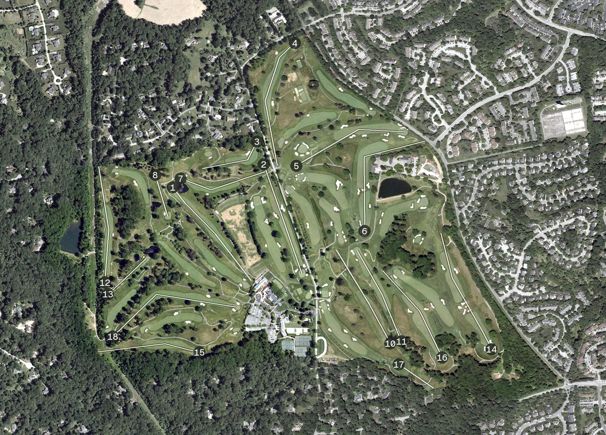 Aerial view of Baltimore Country Club, MD, with its hole routing marked