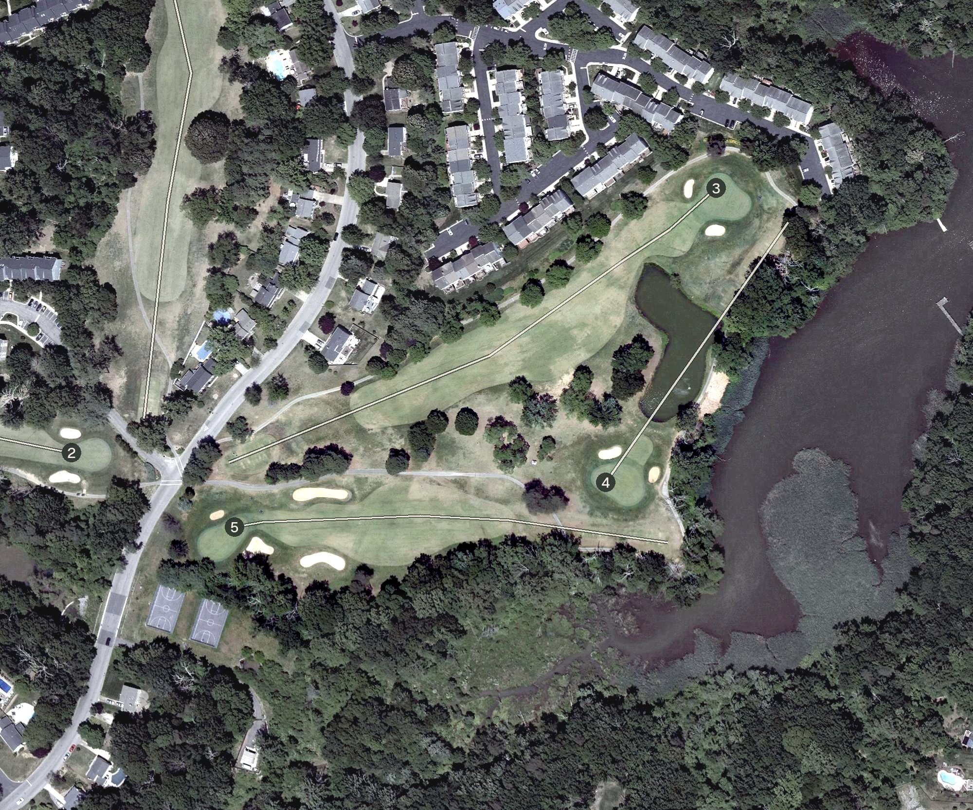 Aerial view of Bay Hills Golf Club, MD, with its hole routing marked