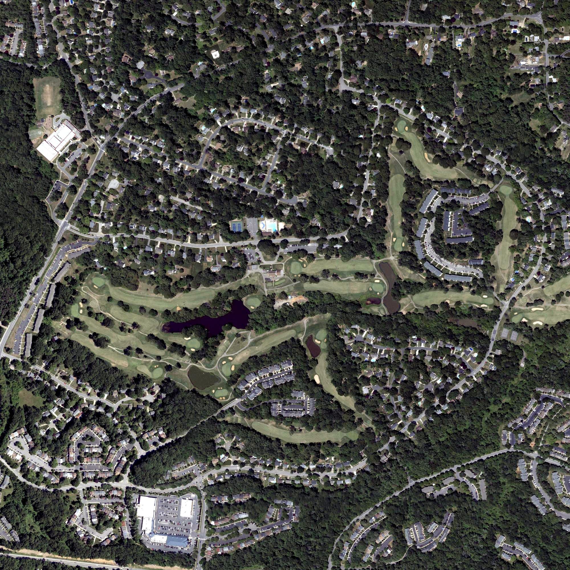 Aerial view of Bay Hills Golf Club, MD, with its hole routing marked