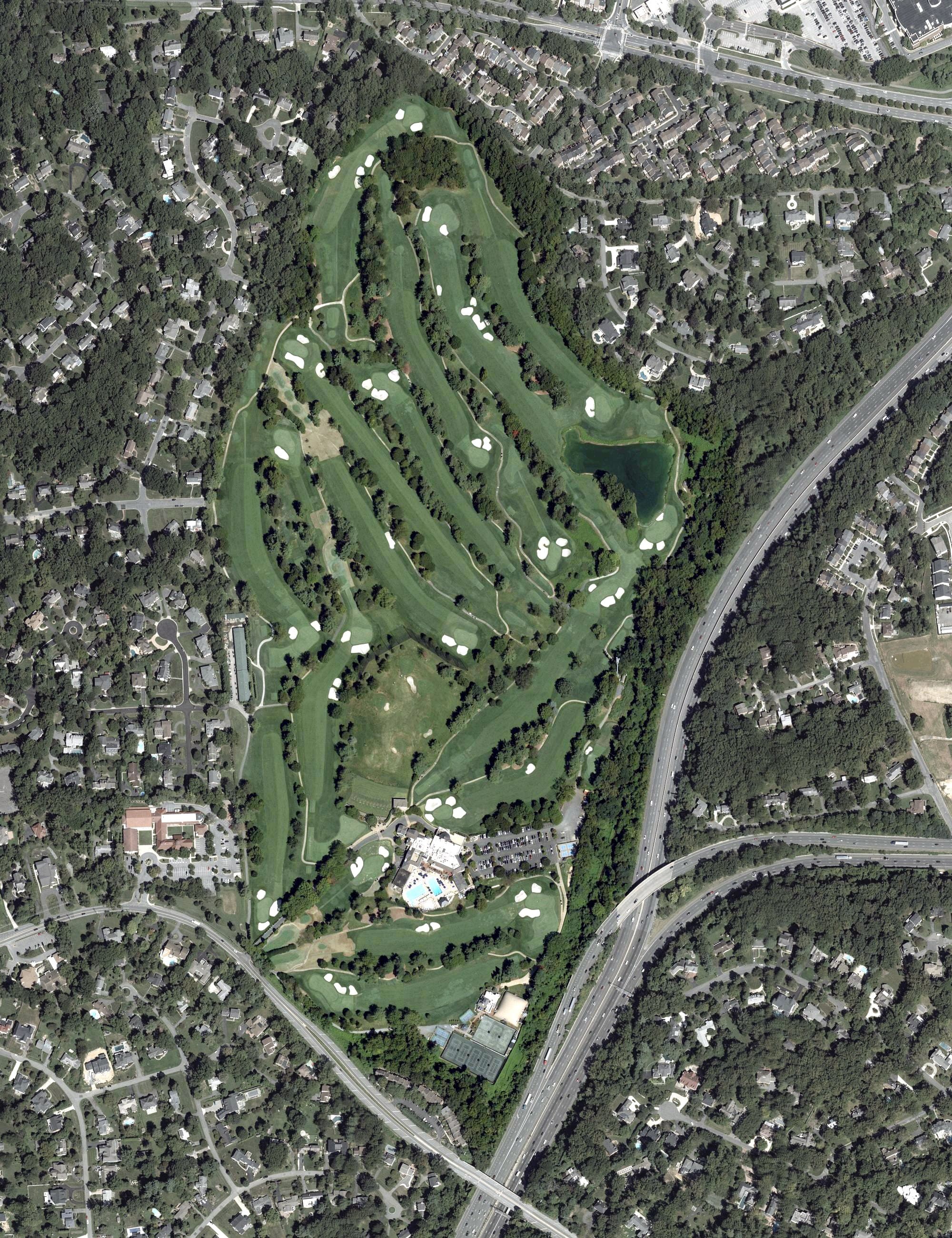 Aerial view of Bethesda Country Club, MD, with its hole routing marked