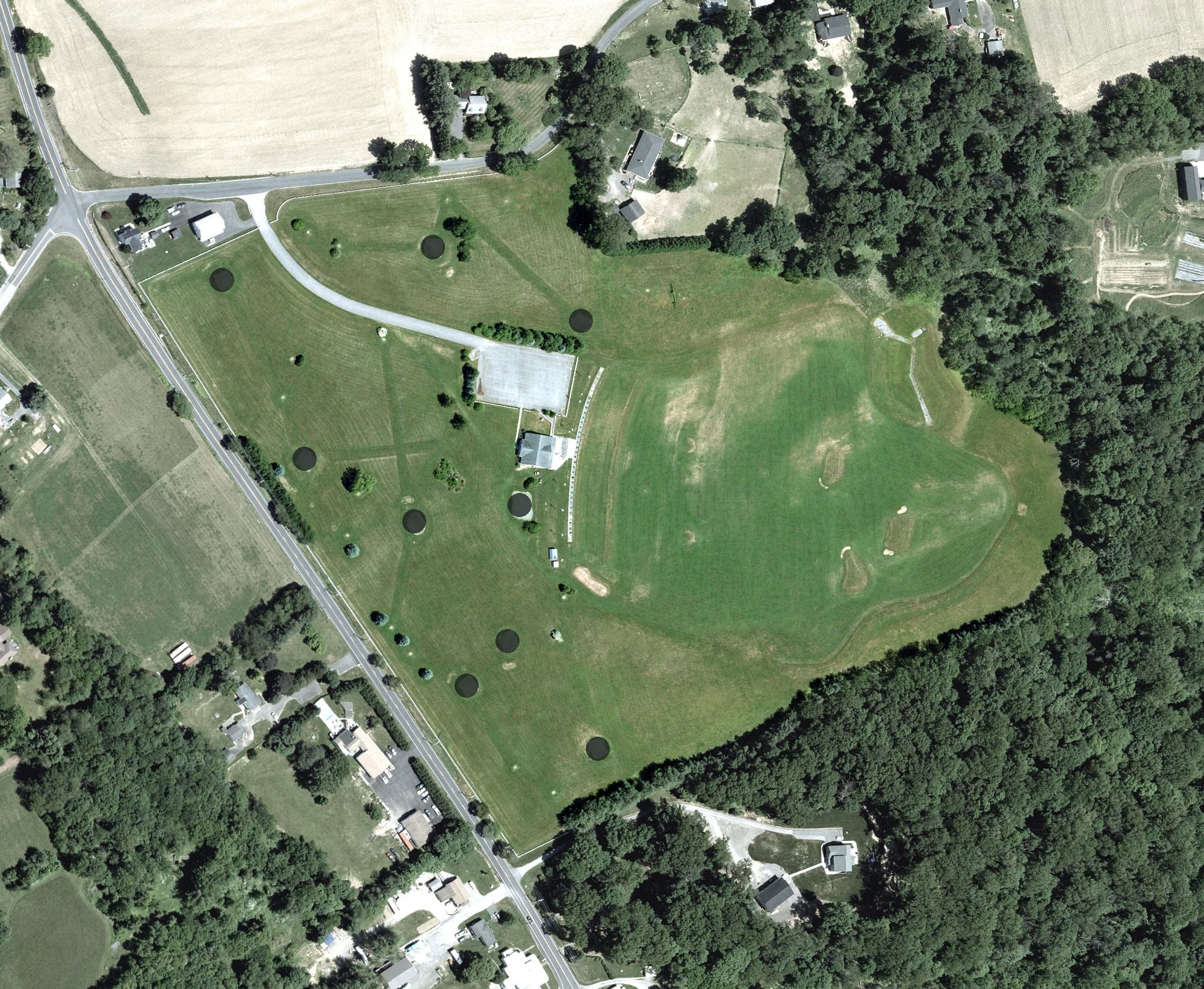 Aerial view of Black Horse Golf, MD, with its hole routing marked