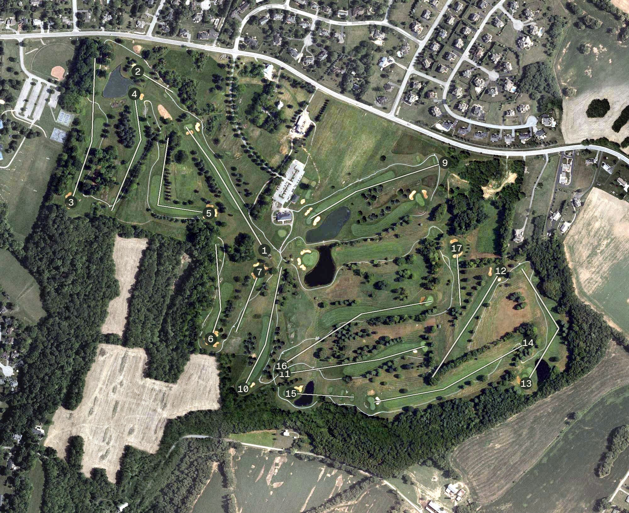 Aerial view of Black Rock Golf Course, MD, with its hole routing marked