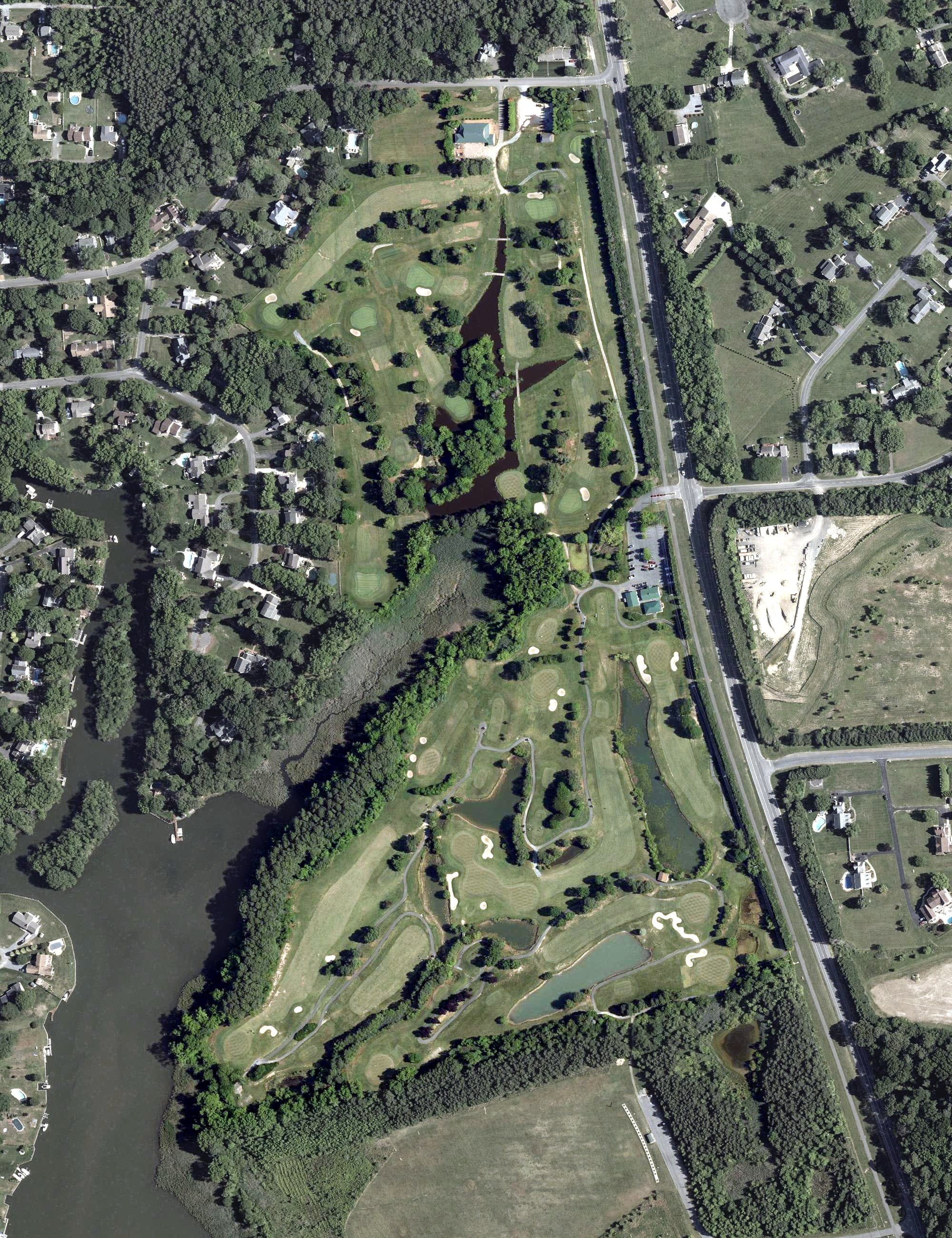 Aerial view of Blue Heron Golf Course, MD, with its hole routing marked
