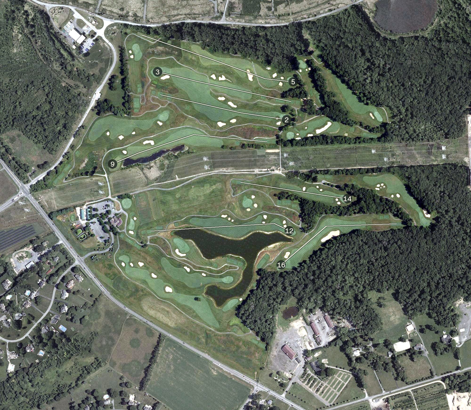 Aerial view of Blue Mash Golf Course, MD, with its hole routing marked