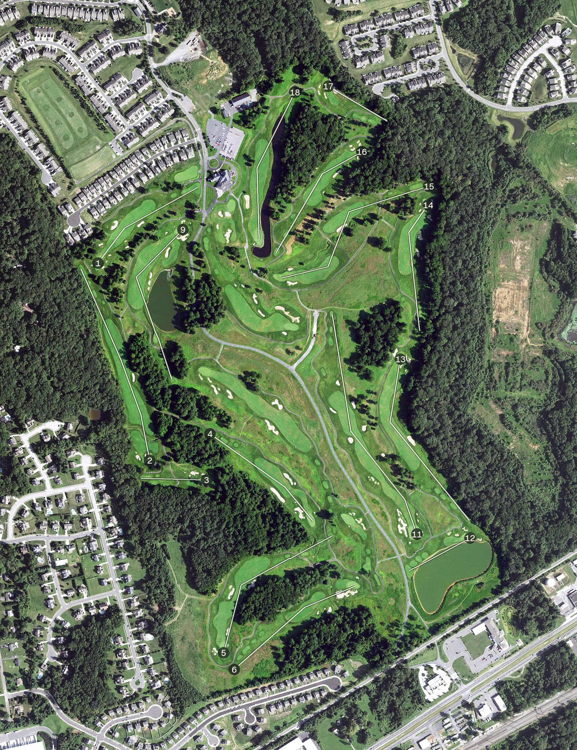 Aerial view of Bulle Rock Golf Club, MD, with its hole routing marked