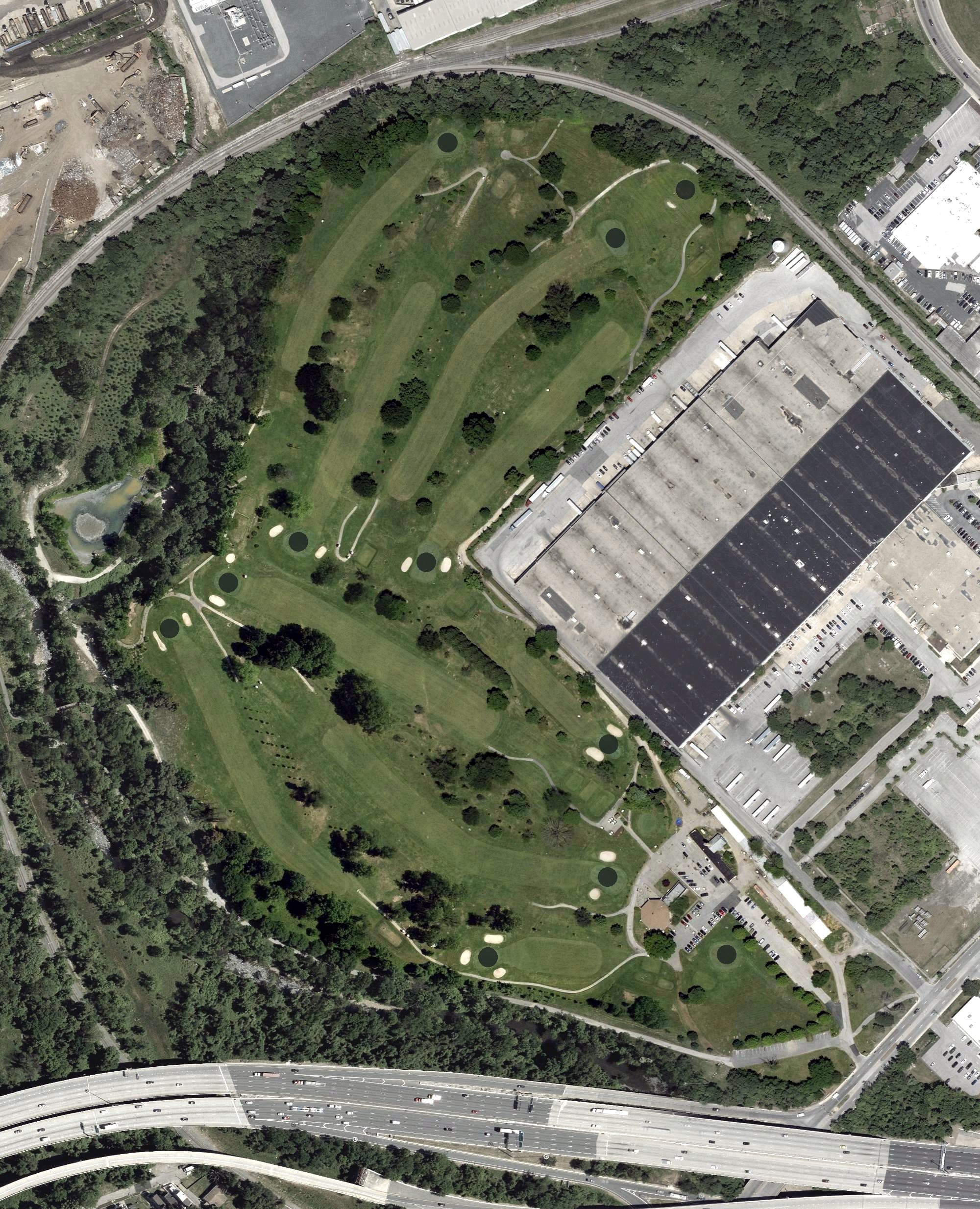 Aerial view of Carroll Park Golf Course, MD, with its hole routing marked
