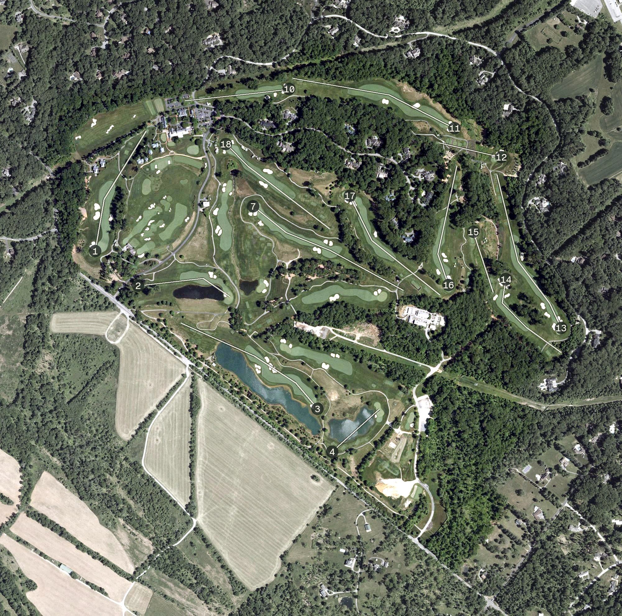 Aerial view of Caves Valley Golf Club, MD, with its hole routing marked