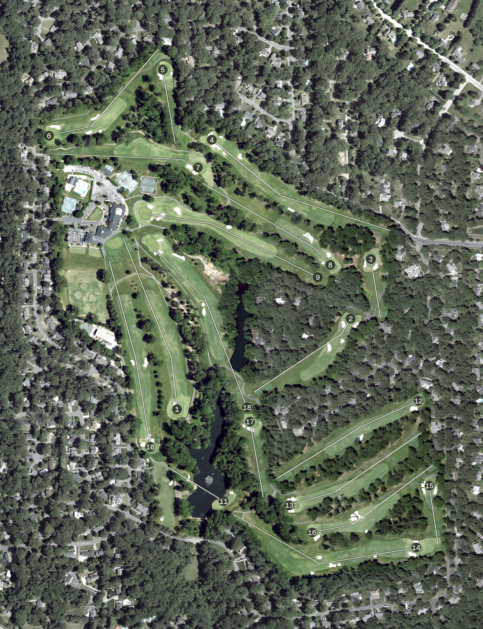 Aerial view of Chartwell Country Club, MD, with its hole routing marked