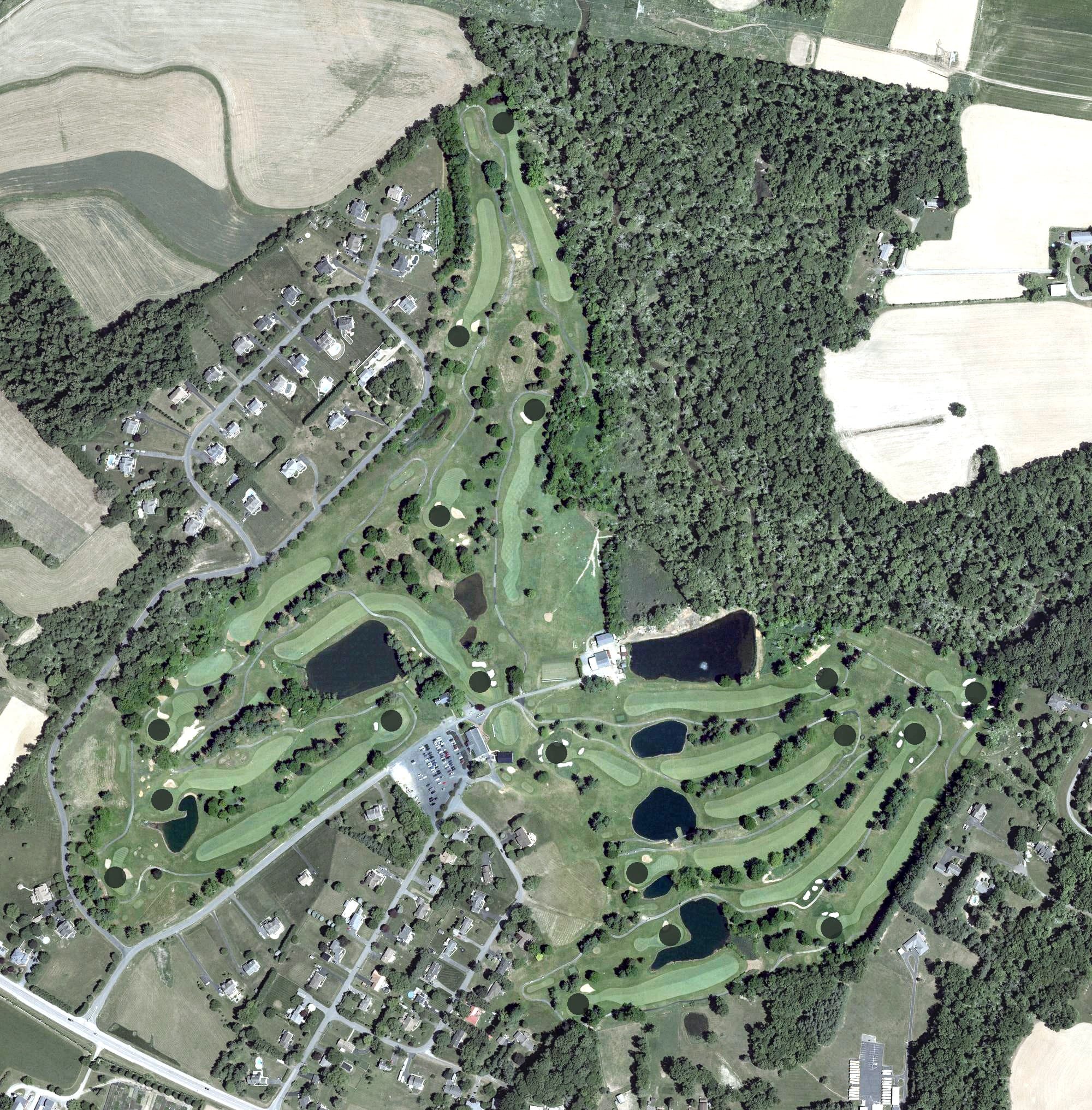 Aerial view of Cheasapeake Bay Golf Club Rising Sun Course, MD, with its hole routing marked