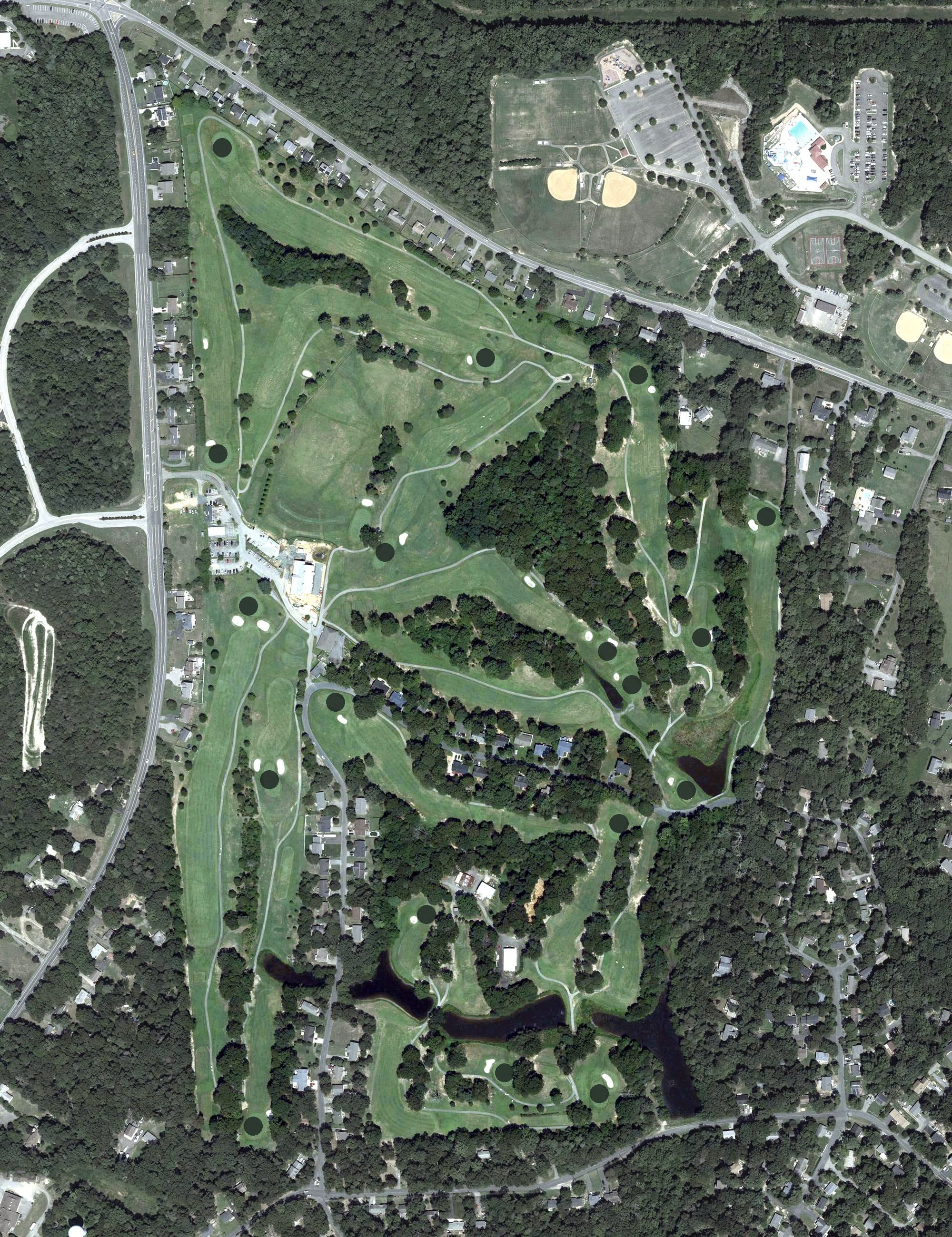 Aerial view of Chesapeake Hills Golf Course, MD, with its hole routing marked