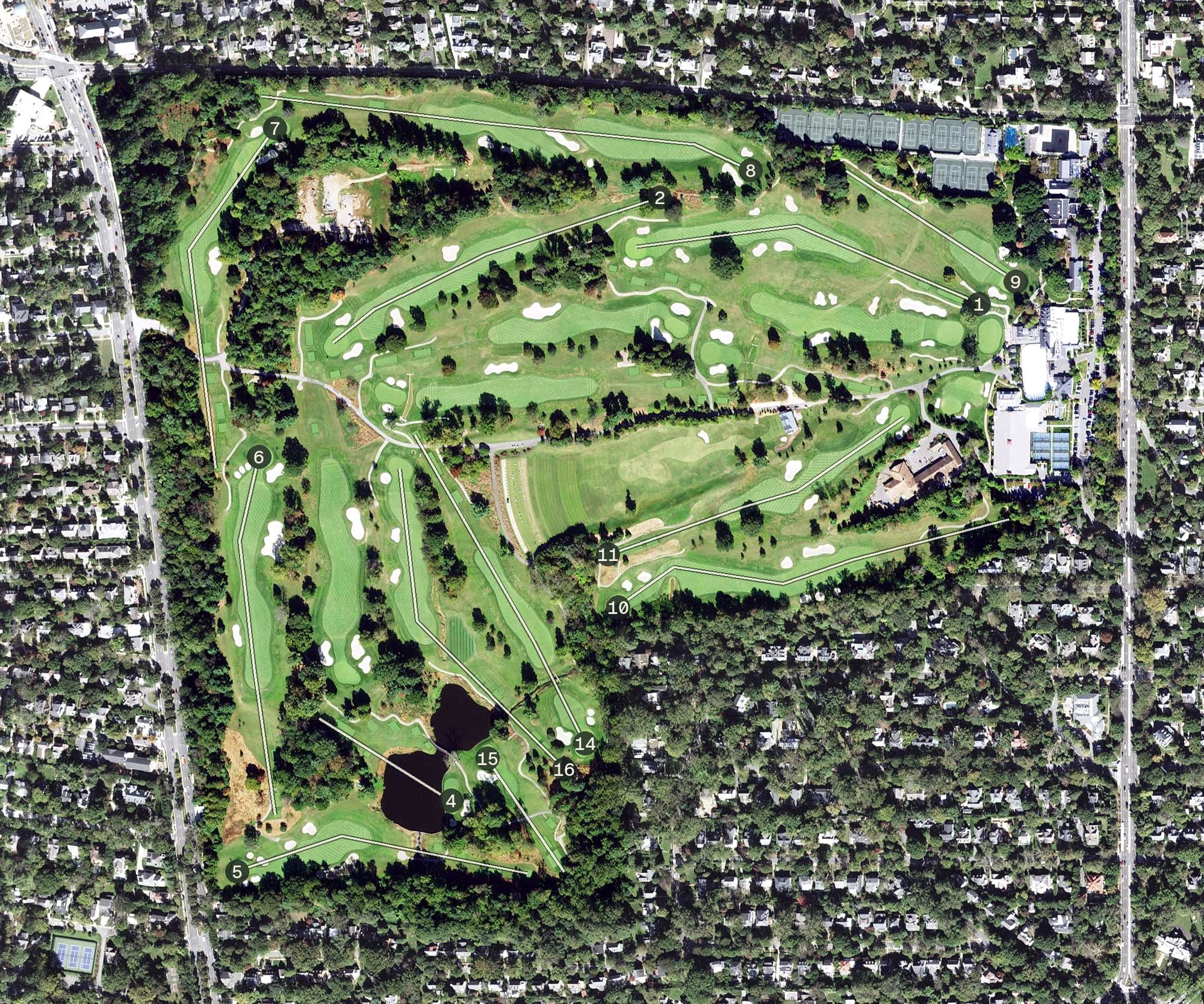 Aerial view of Chevy Chase Club, MD, with its hole routing marked