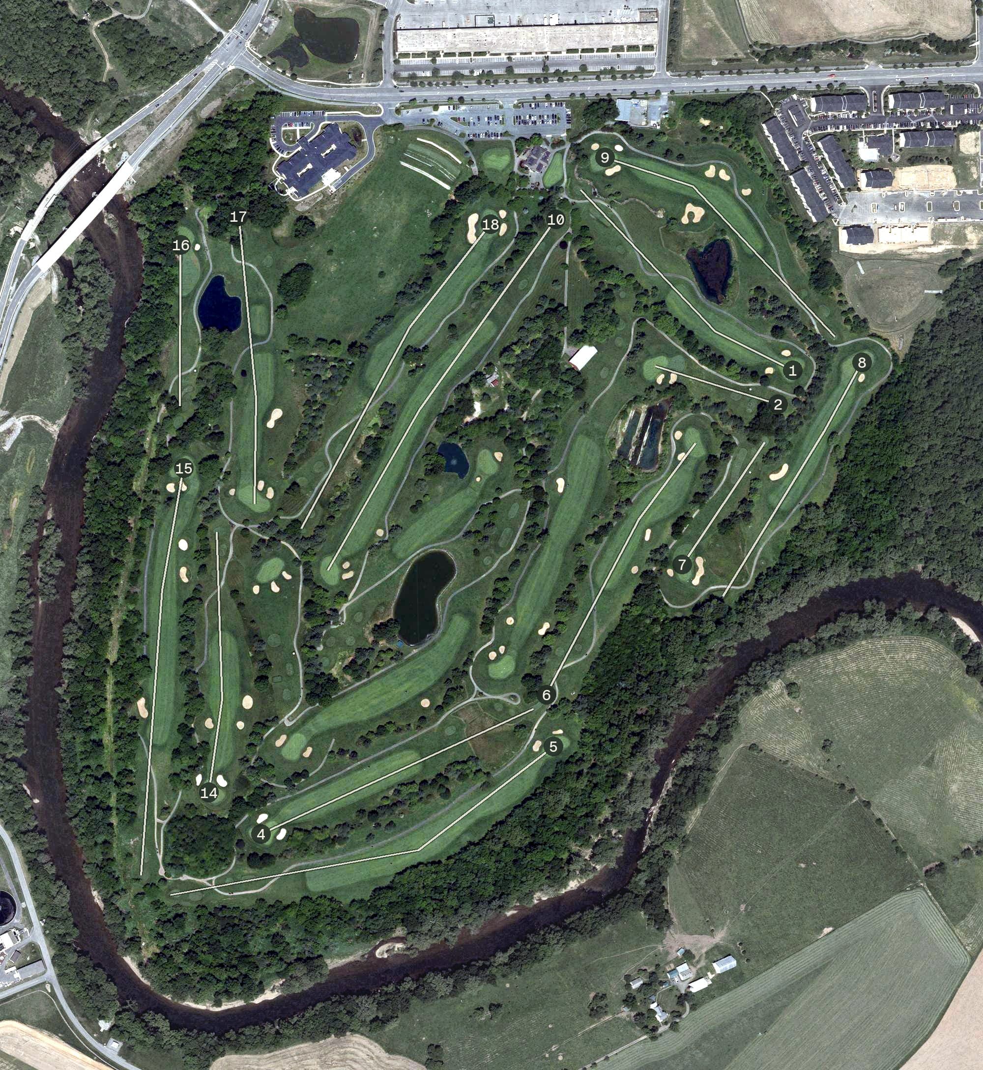 Aerial view of Clustered Spires Golf Course, MD, with its hole routing marked