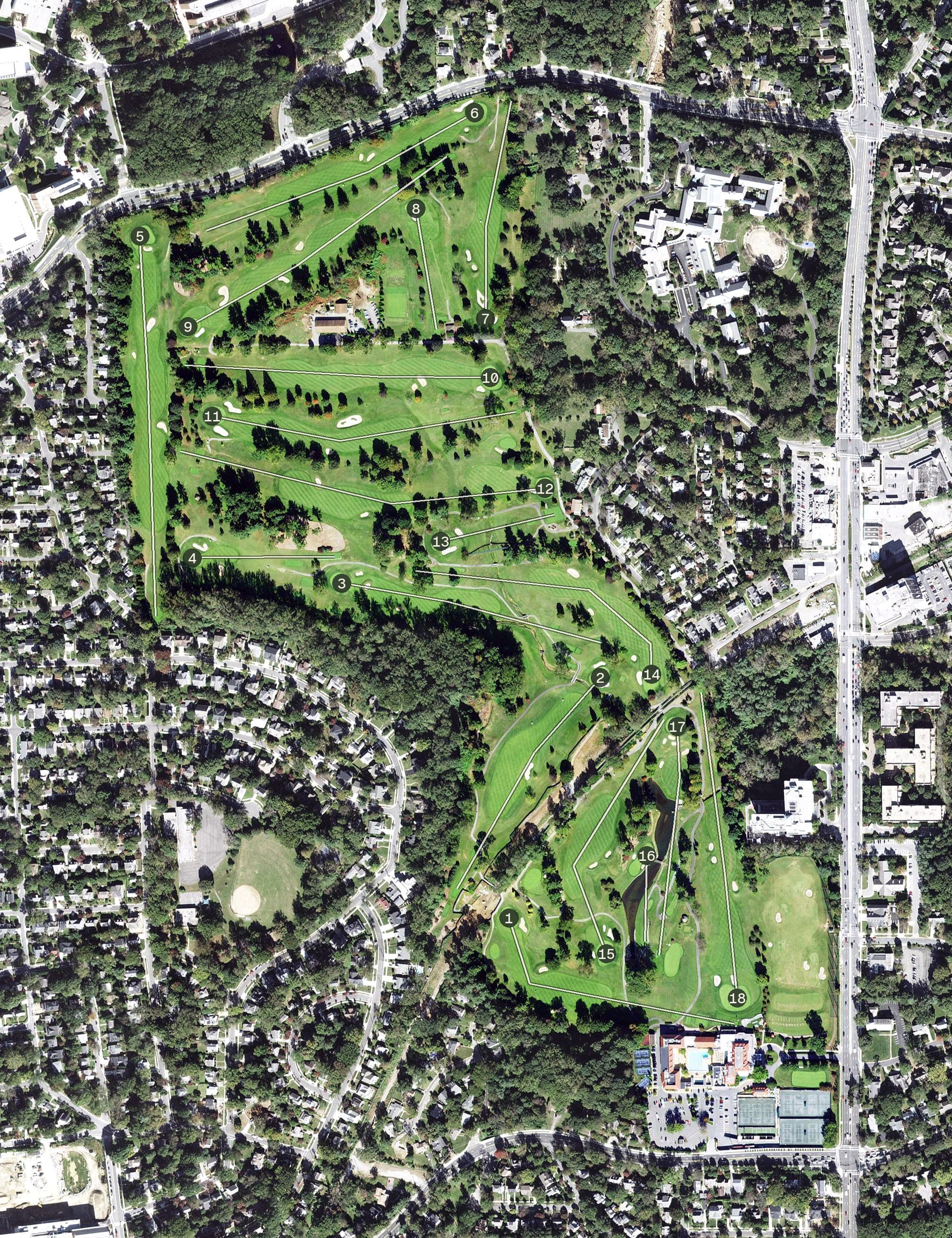Aerial view of Columbia Country Club, MD, with its hole routing marked