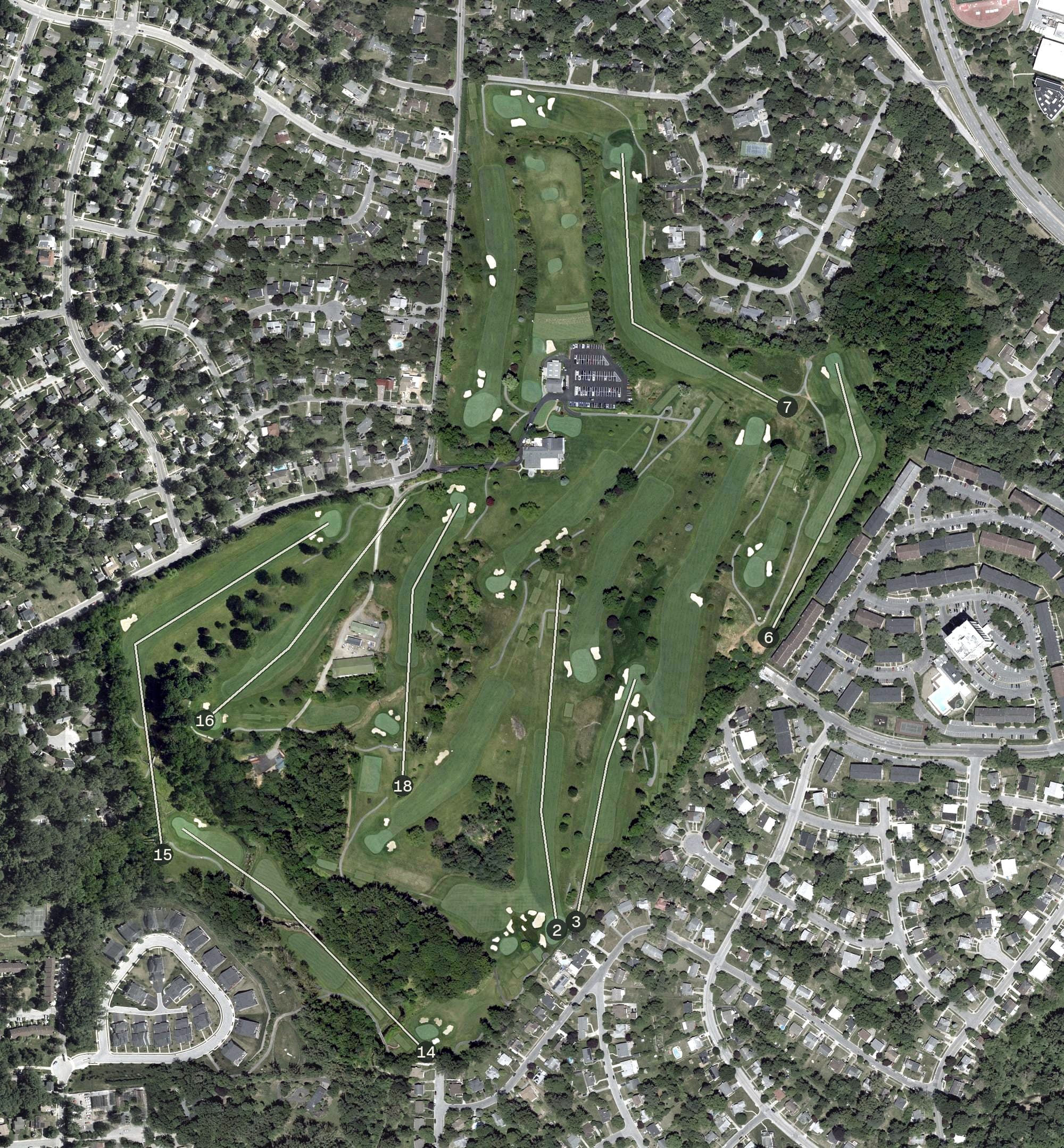 Aerial view of Country Club of Maryland, MD, with its hole routing marked