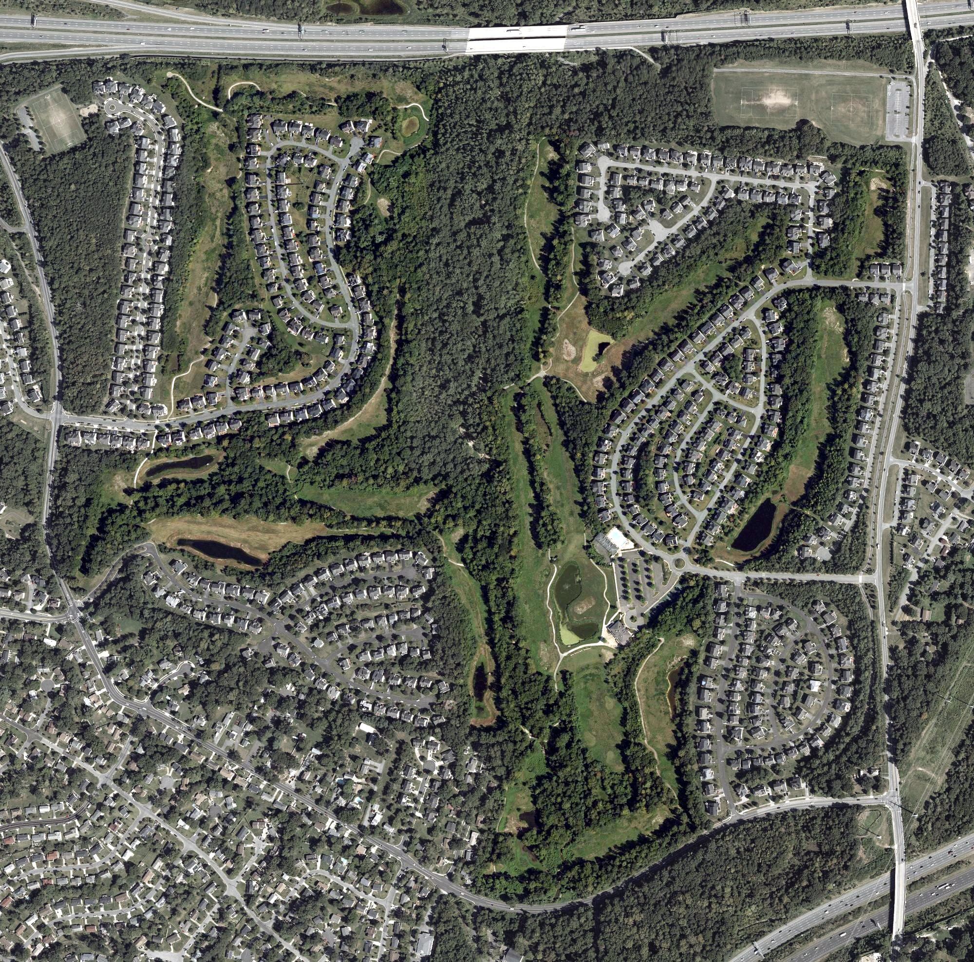 Aerial view of Cross Creek Golf Club, MD, with its hole routing marked