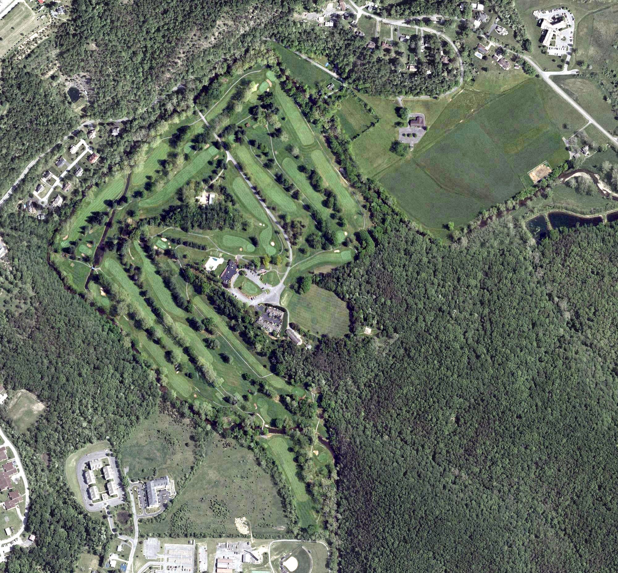 Aerial view of Cumberland Country Club, MD, with its hole routing marked