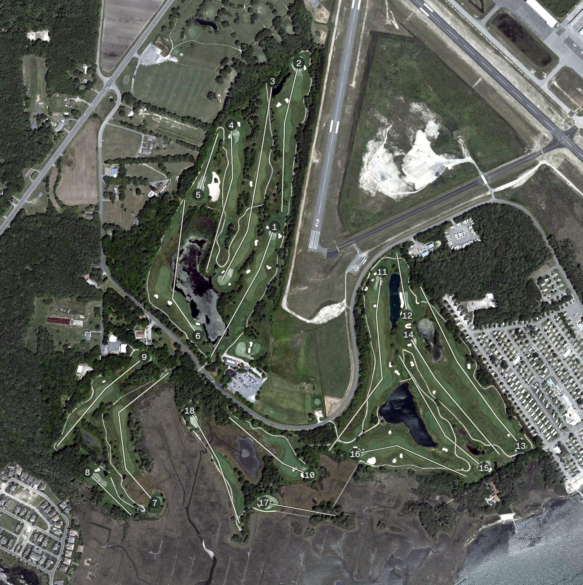 Aerial view of Eagles Landing Golf Course, MD, with its hole routing marked