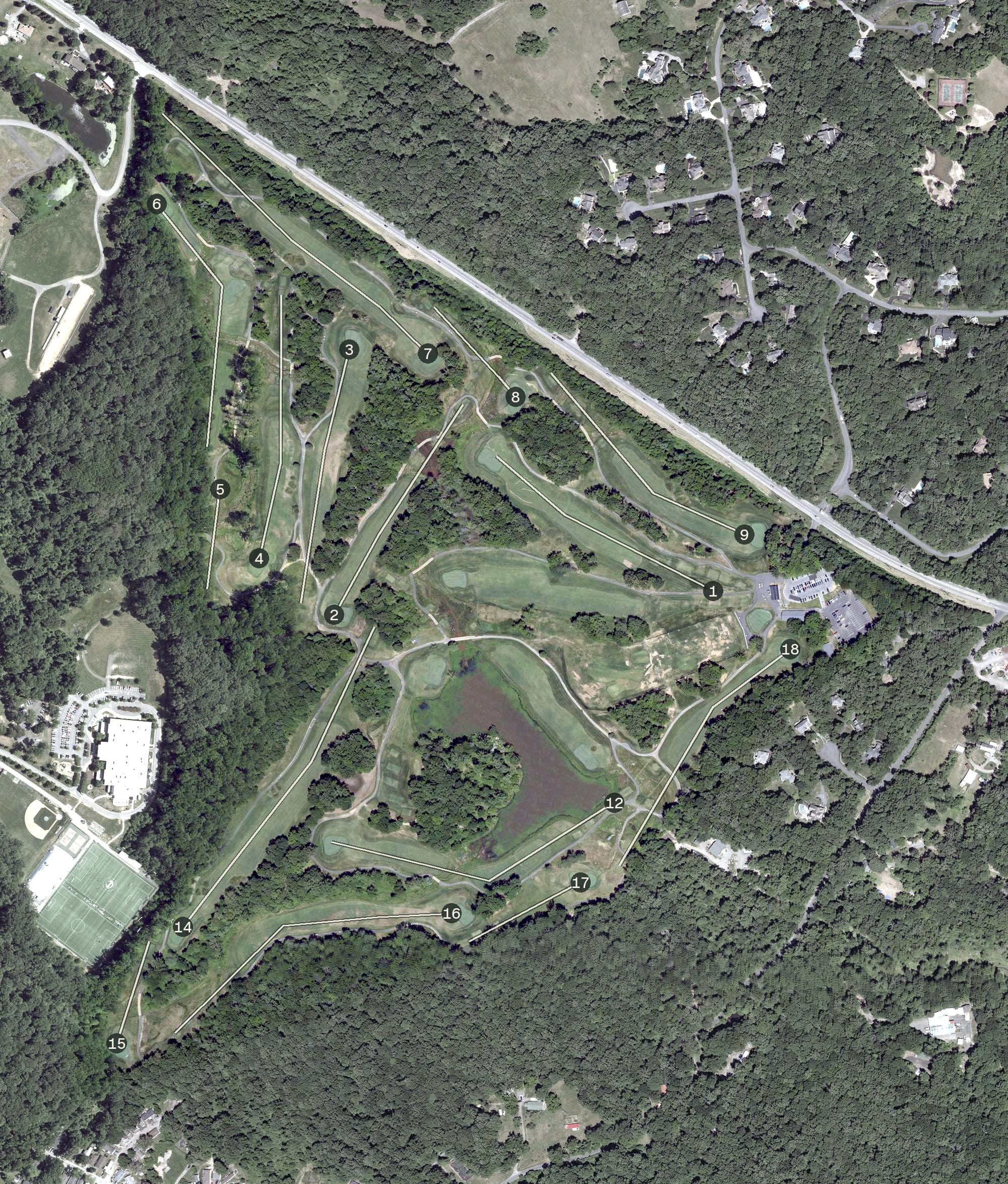 Aerial view of Eisenhower Golf Course, MD, with its hole routing marked