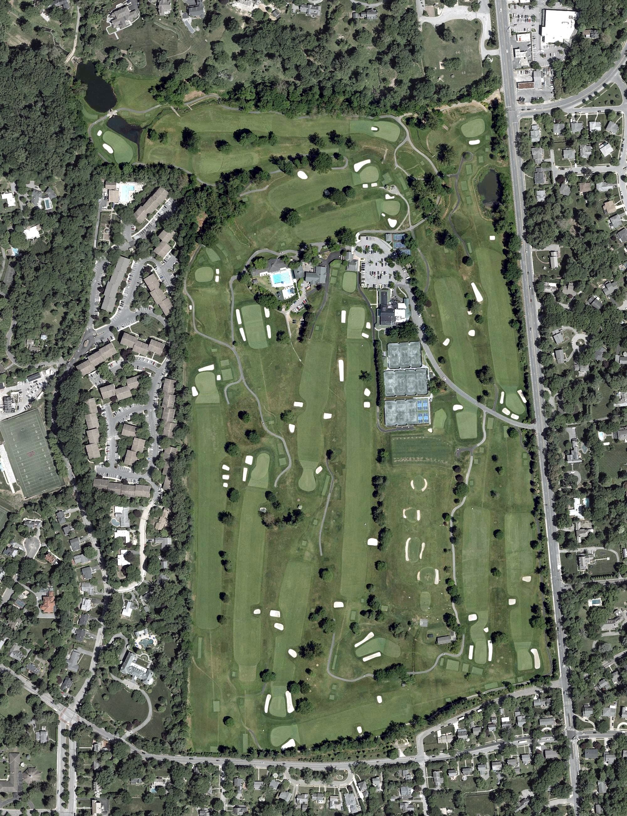 Aerial view of Elkridge Club, MD, with its hole routing marked