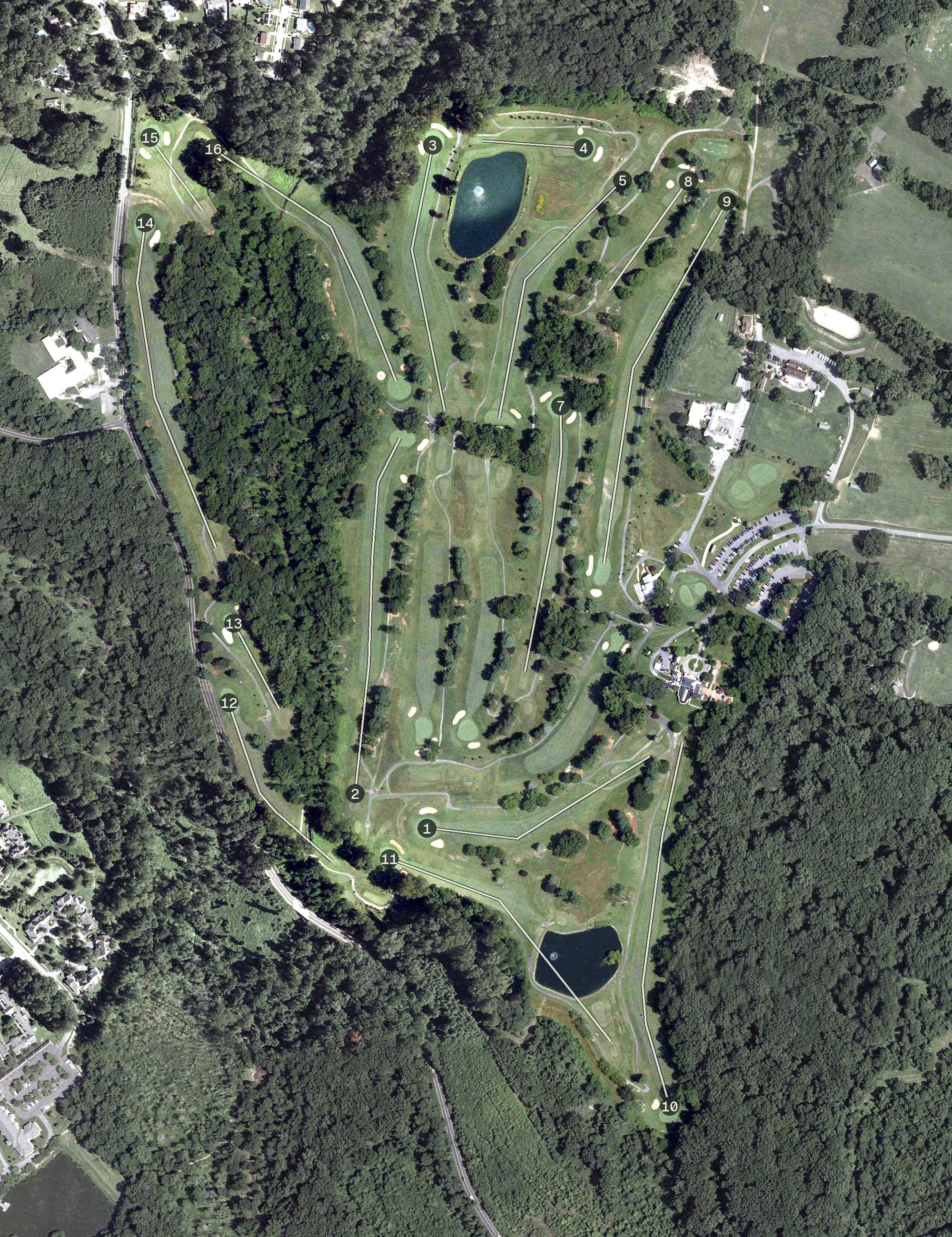 Aerial view of Enterprise Golf Course, MD, with its hole routing marked