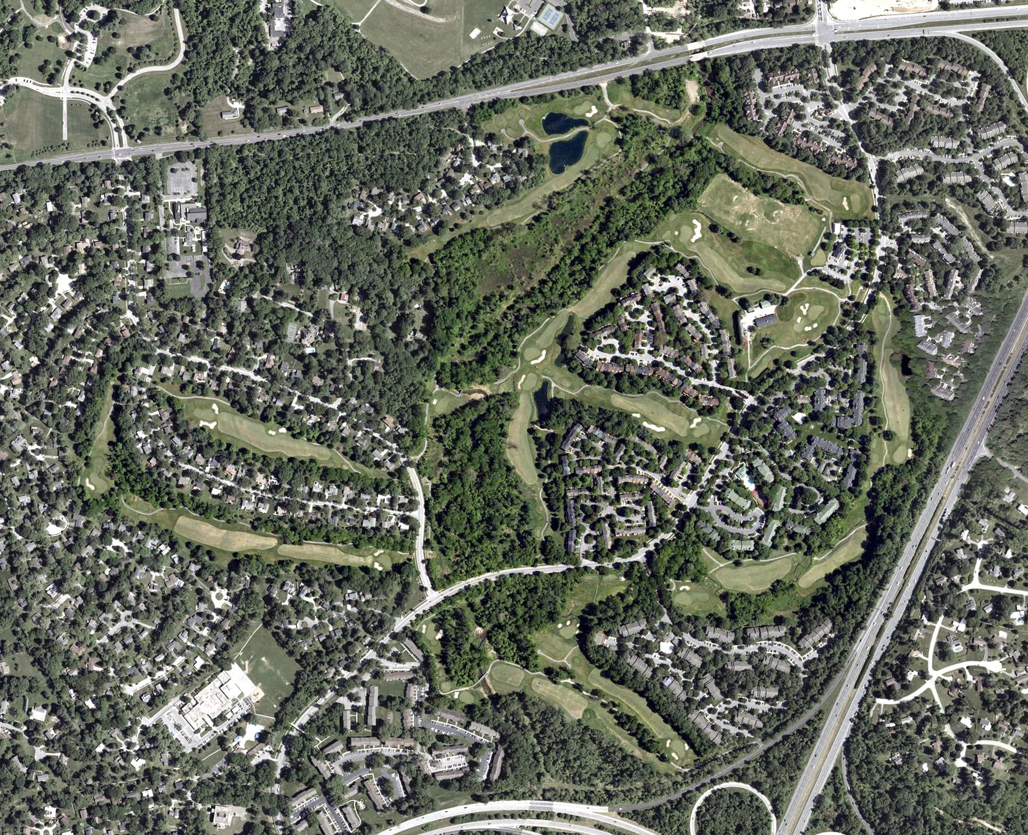 Aerial view of Fairway Hills Golf Course, MD, with its hole routing marked