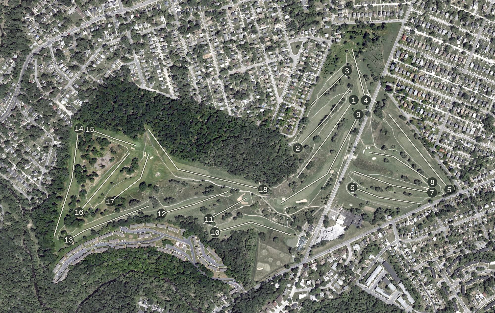 Aerial view of Forest Park Golf Course, MD, with its hole routing marked