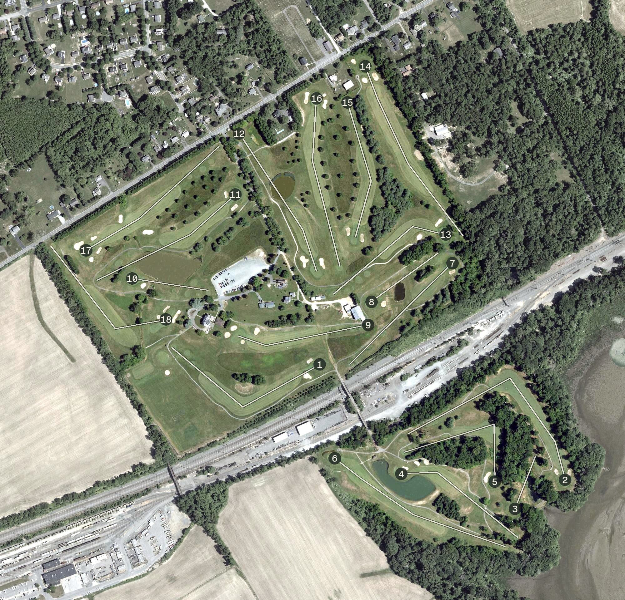 Aerial view of Furnace Bay Golf Course, MD, with its hole routing marked
