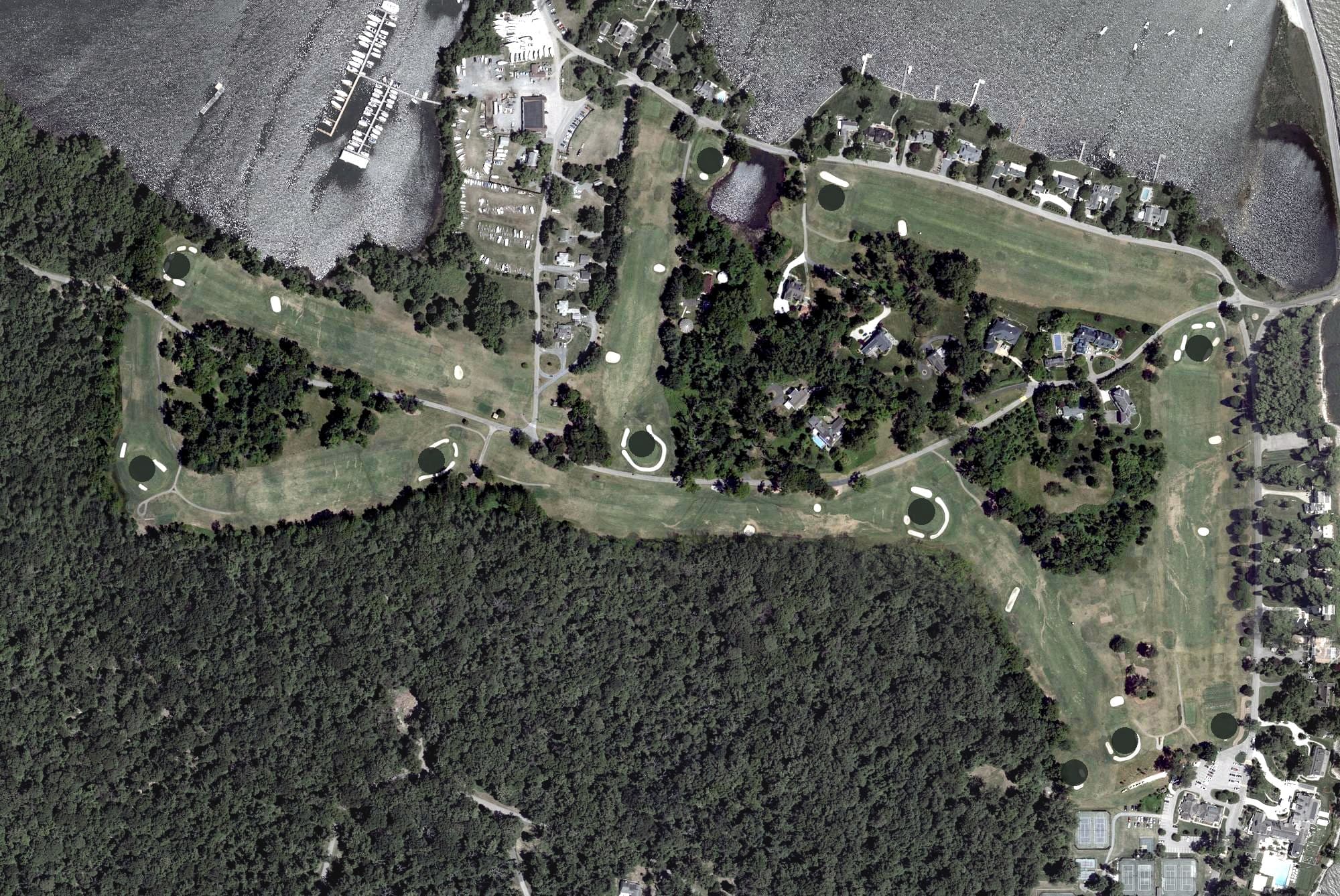 Aerial view of Gibson Island Golf Course, MD, with its hole routing marked