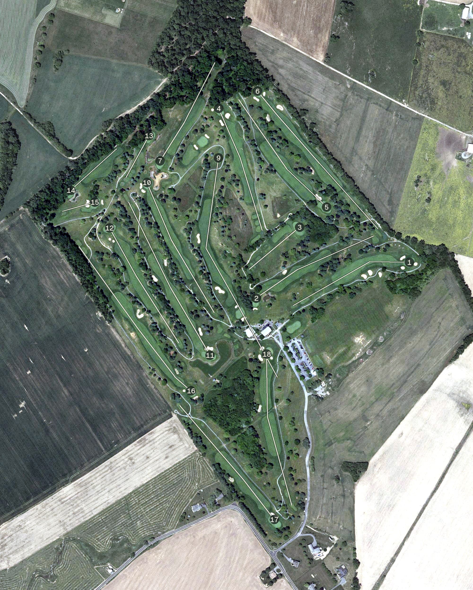 Aerial view of Glade Valley Golf Club, MD, with its hole routing marked