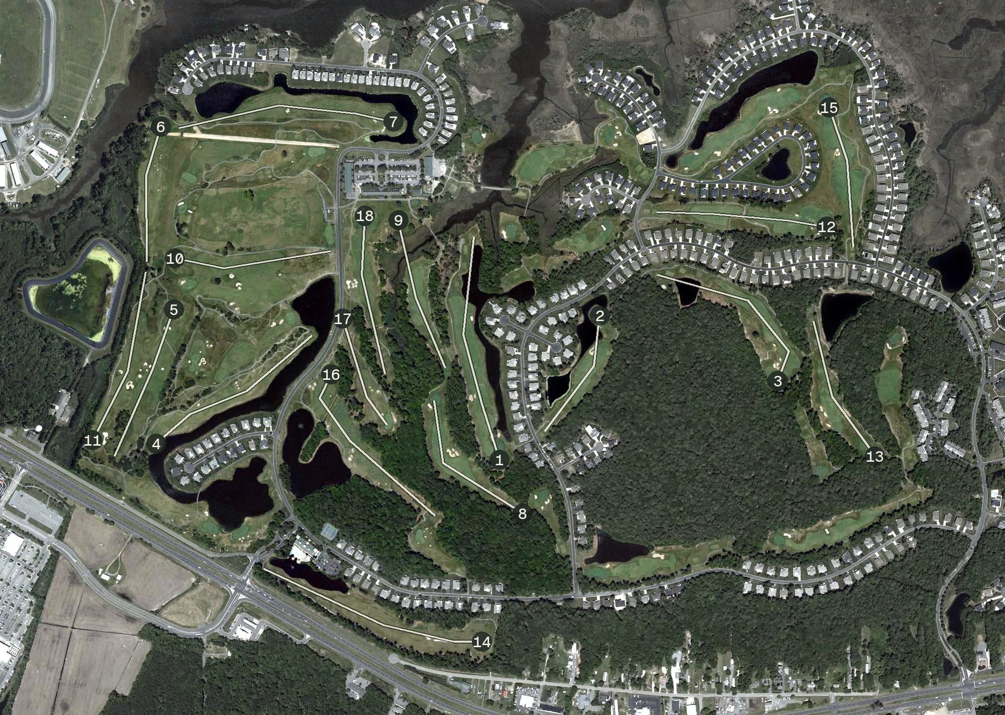 Aerial view of Glen Riddle Golf Club, MD, with its hole routing marked