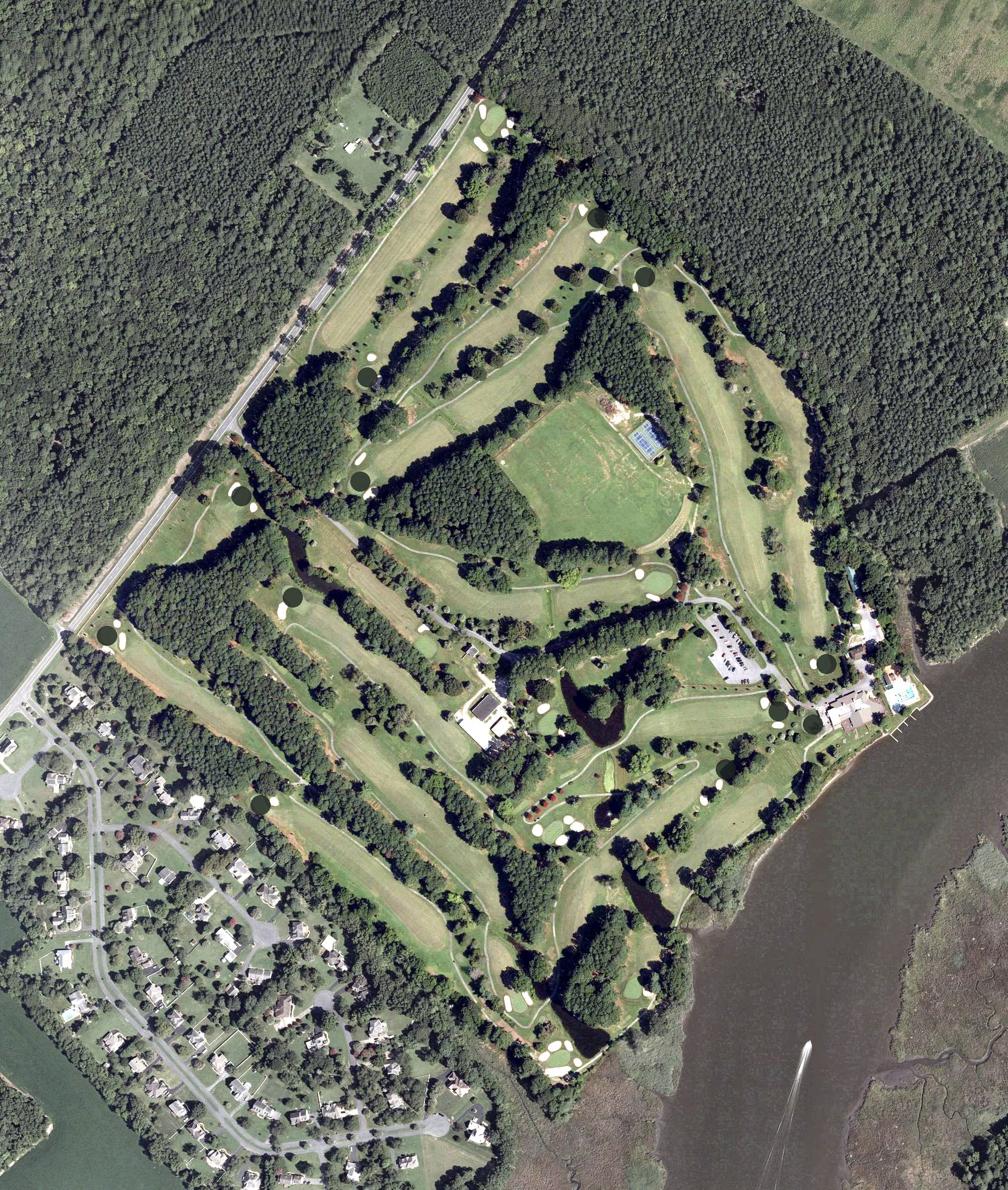 Aerial view of Green Hill Golf Course, MD, with its hole routing marked