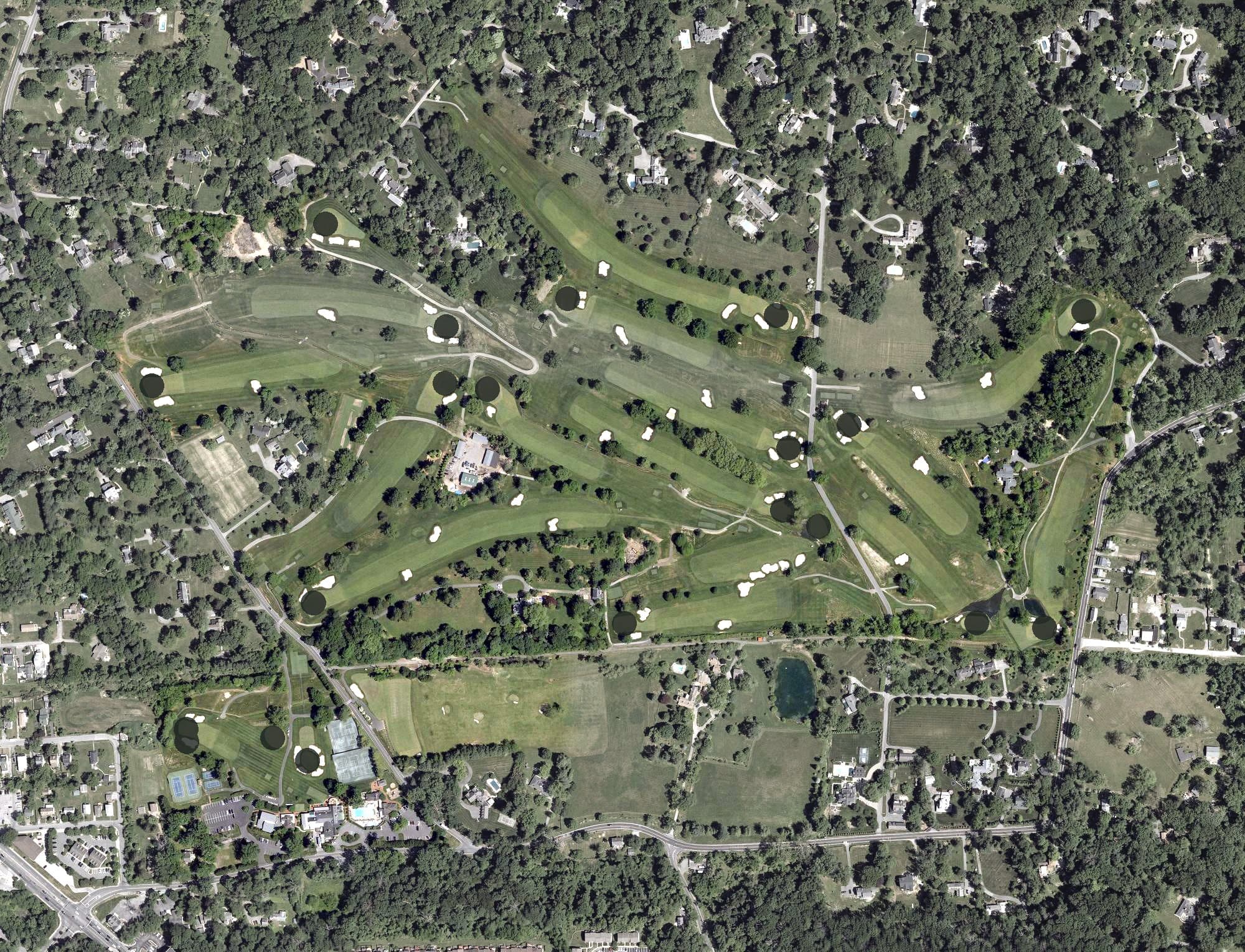 Aerial view of Green Spring Valley Hunt Club, MD, with its hole routing marked