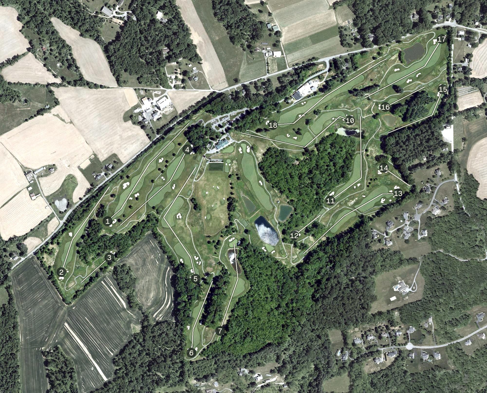 Aerial view of Greystone Golf Course, MD, with its hole routing marked