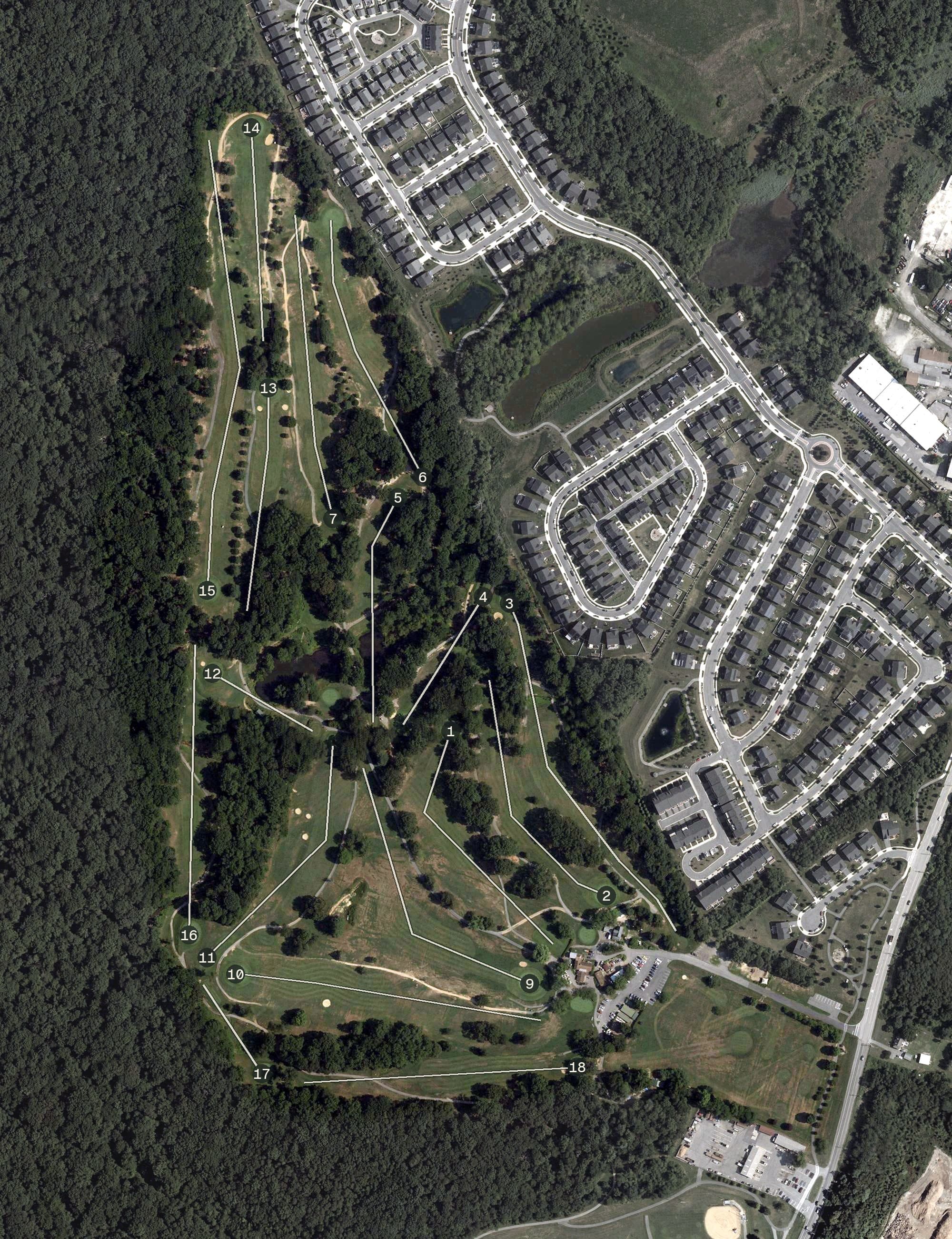 Aerial view of Gunpowder Golf Course, MD, with its hole routing marked