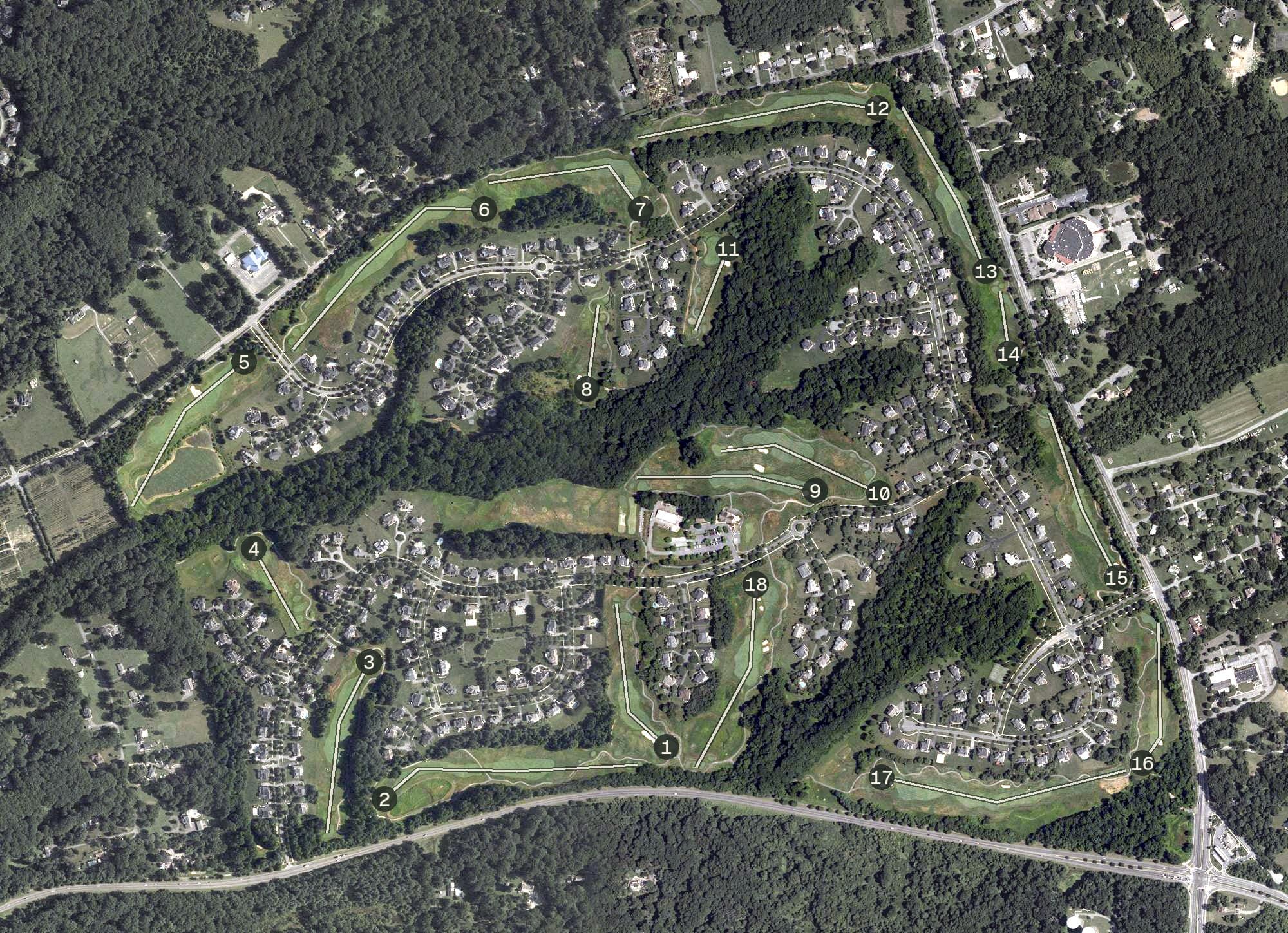 Aerial view of Hampshire Greens Golf Course, MD, with its hole routing marked