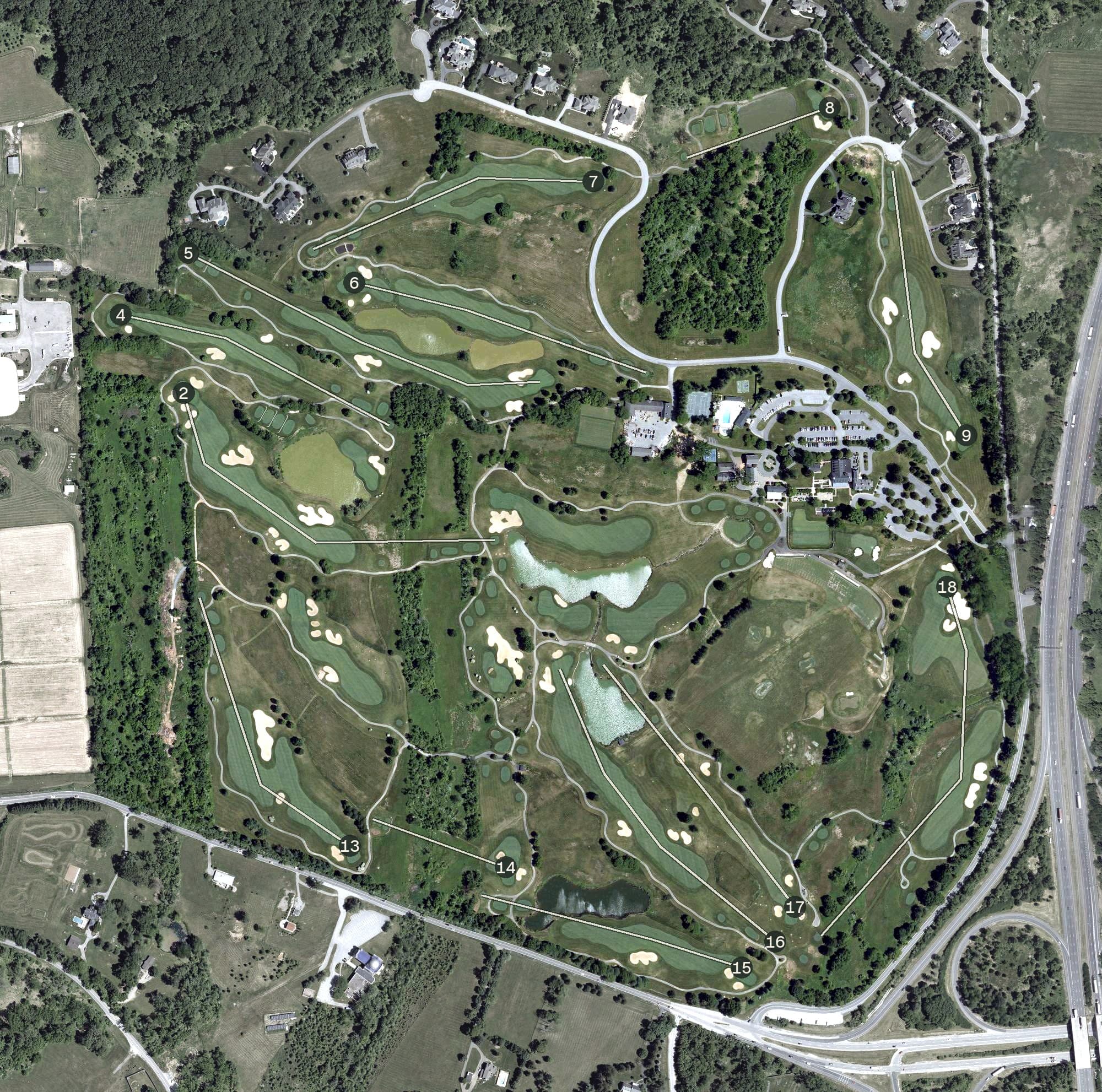 Aerial view of Hayfields Country Club, MD, with its hole routing marked
