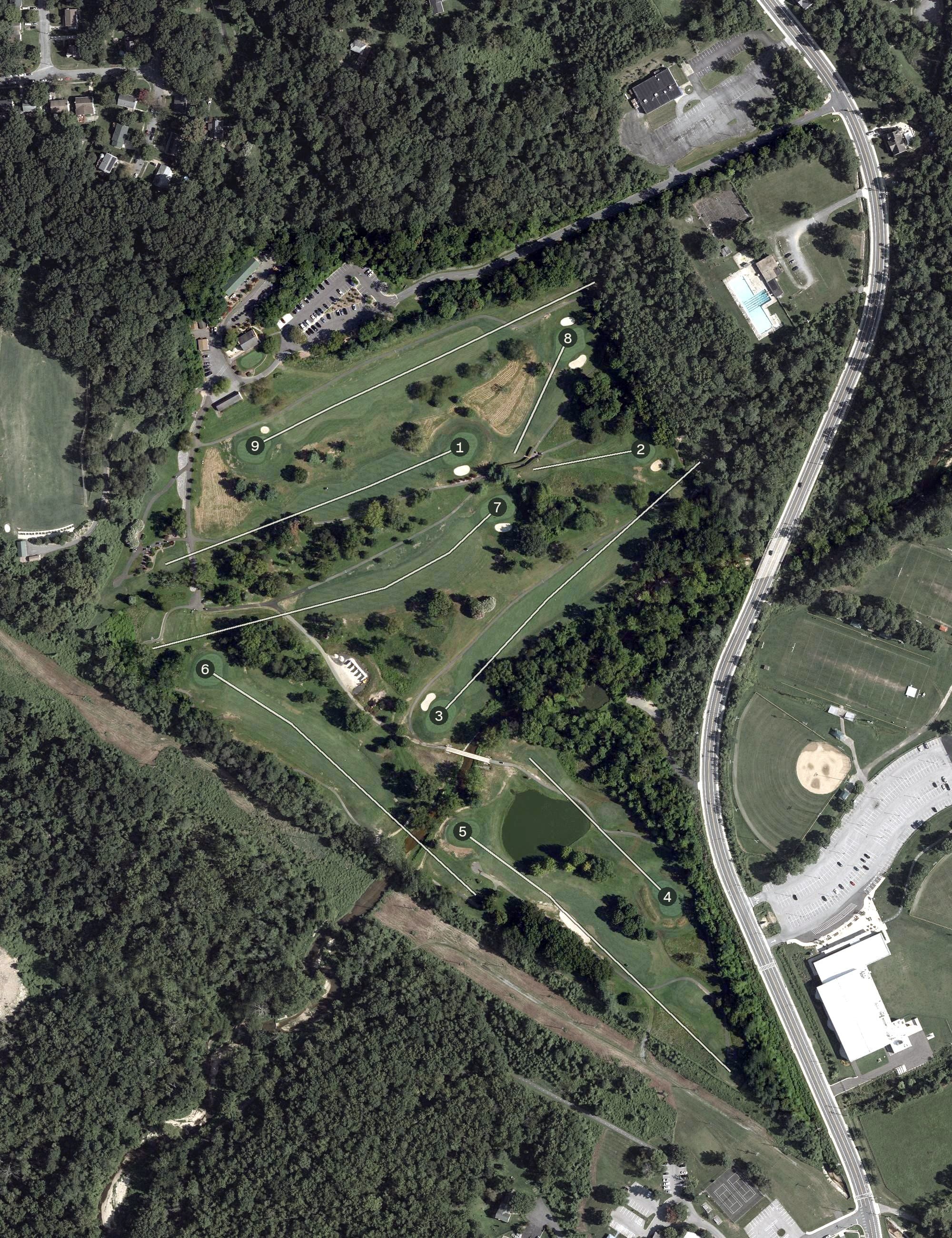 Aerial view of Henson Creek Golf Course, MD, with its hole routing marked