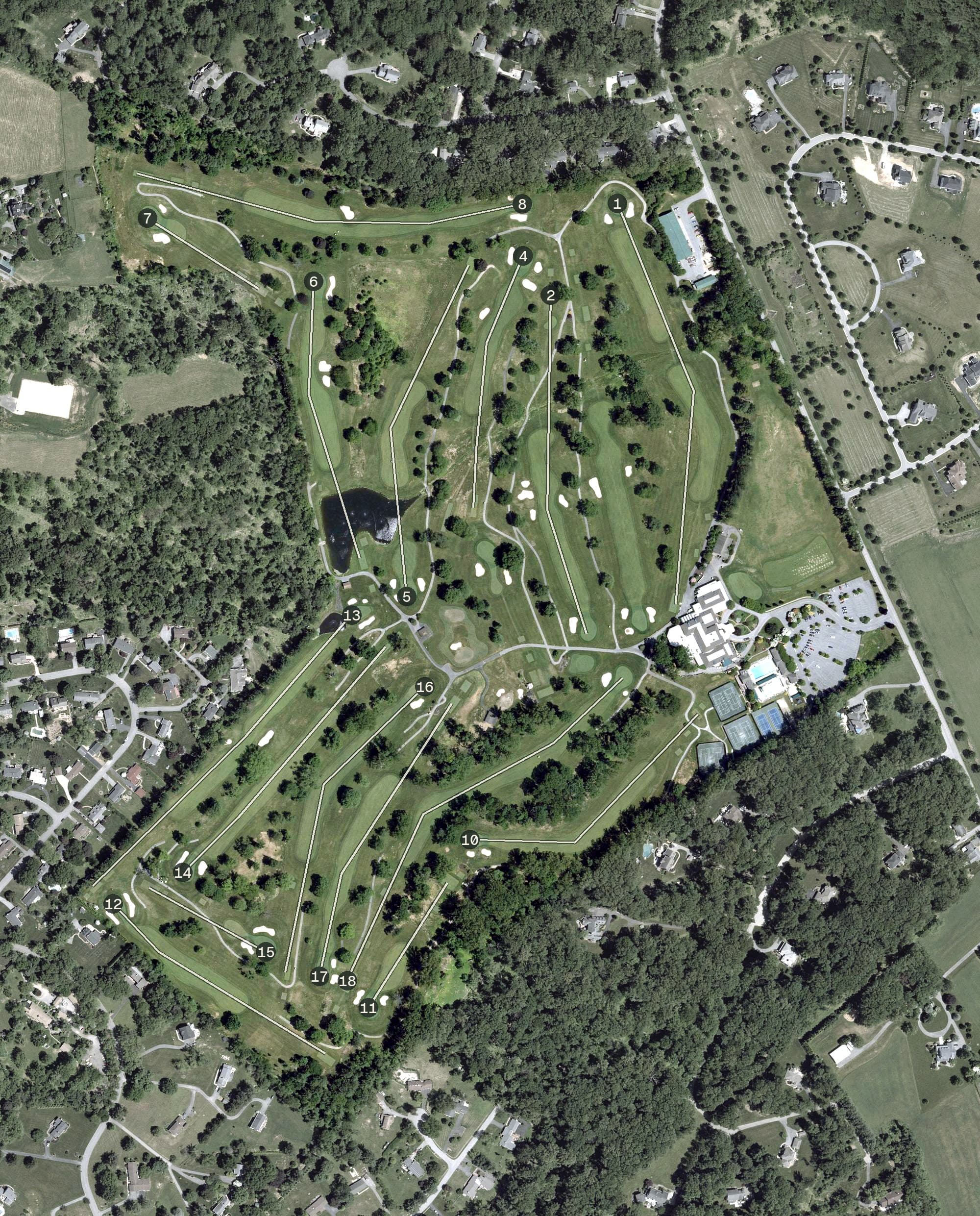 Aerial view of Hillendale Country Club, MD, with its hole routing marked