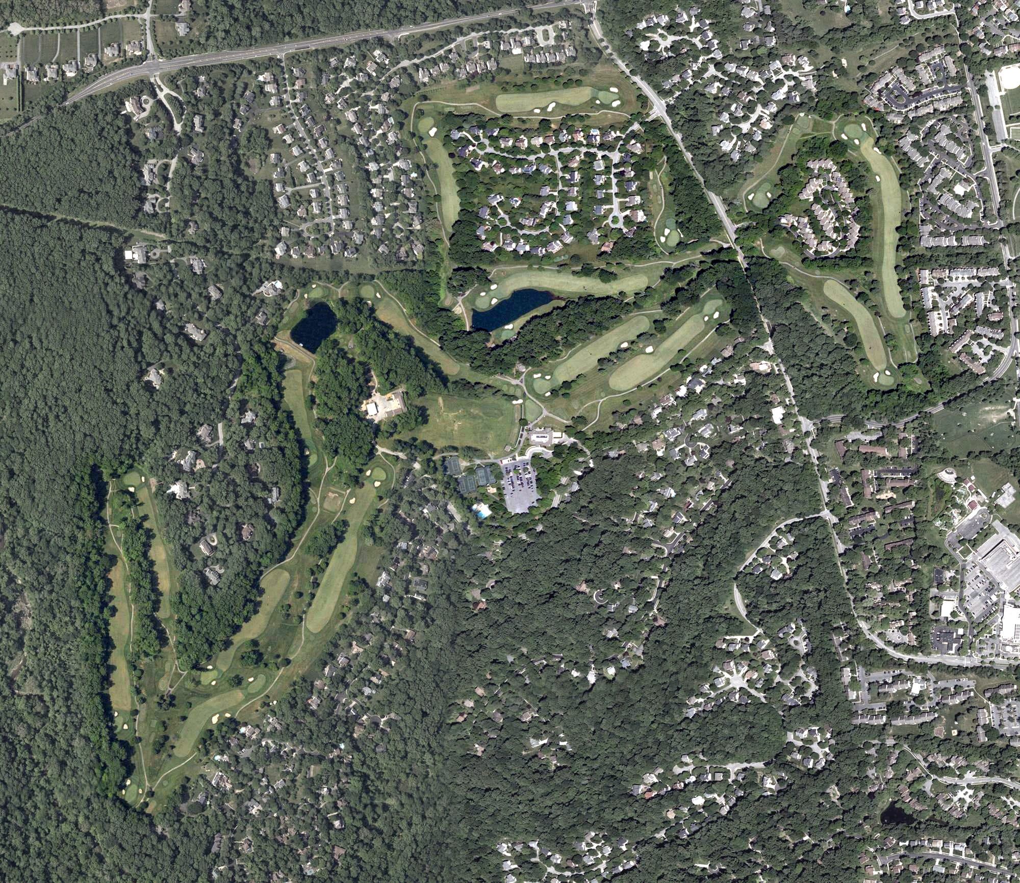 Aerial view of Hobbit's Glen Golf Club, MD, with its hole routing marked