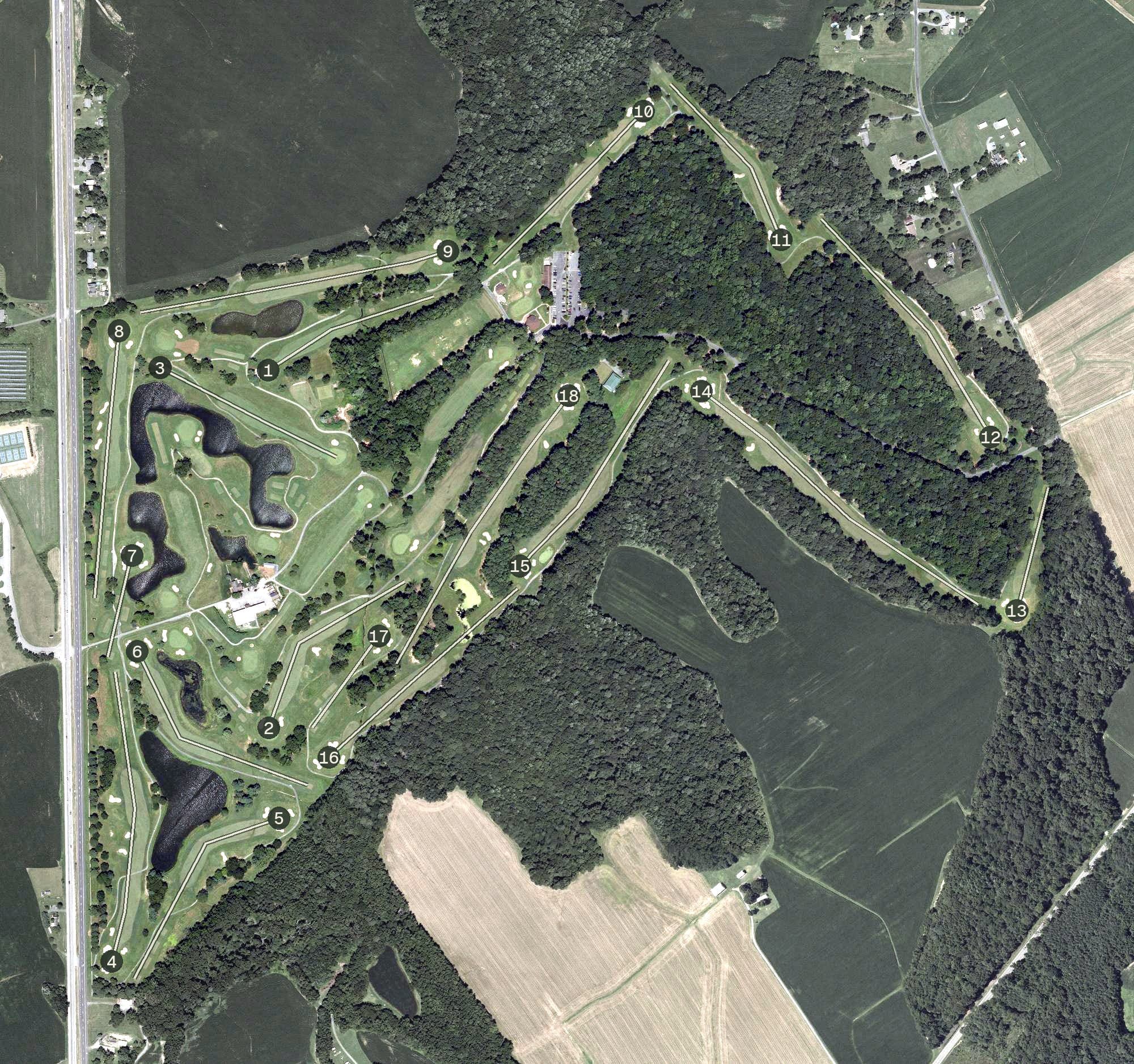 Aerial view of Hog Neck Golf Course, MD, with its hole routing marked