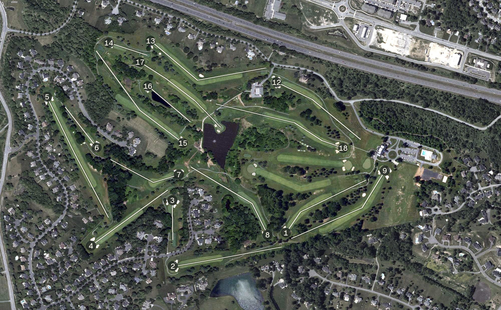 Aerial view of Holly Hills Country Club, MD, with its hole routing marked