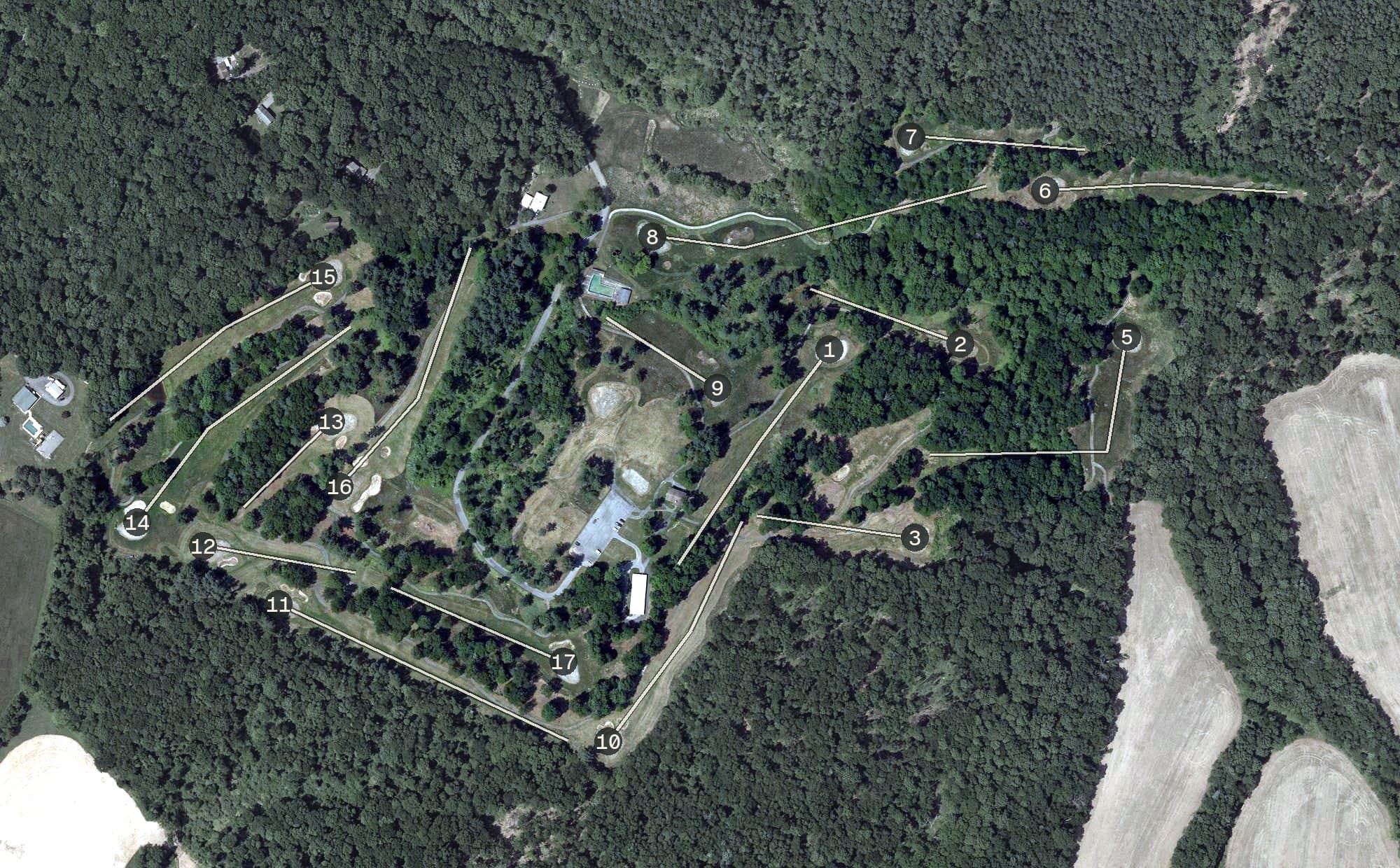 Aerial view of Hope Valley Golf Course, MD, with its hole routing marked