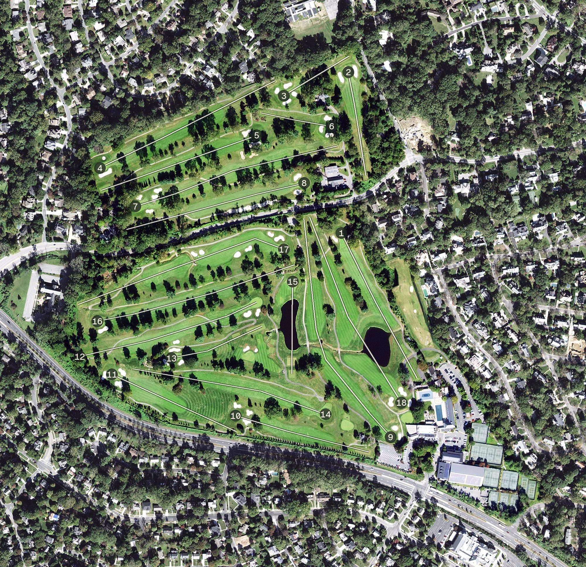 Aerial view of Kenwood Golf & Country Club, MD, with its hole routing marked
