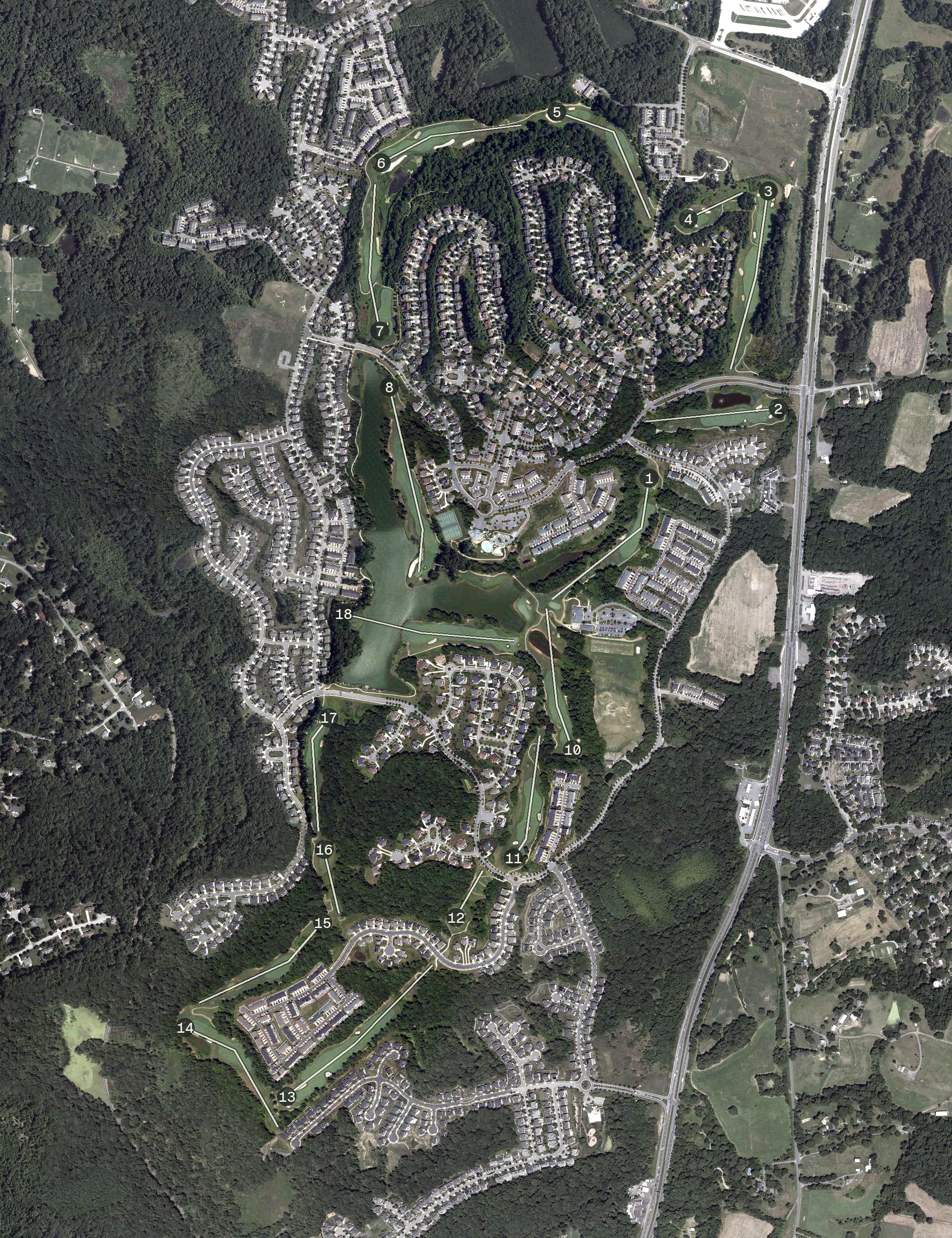 Aerial view of Lake Presidential Golf Course, MD, with its hole routing marked